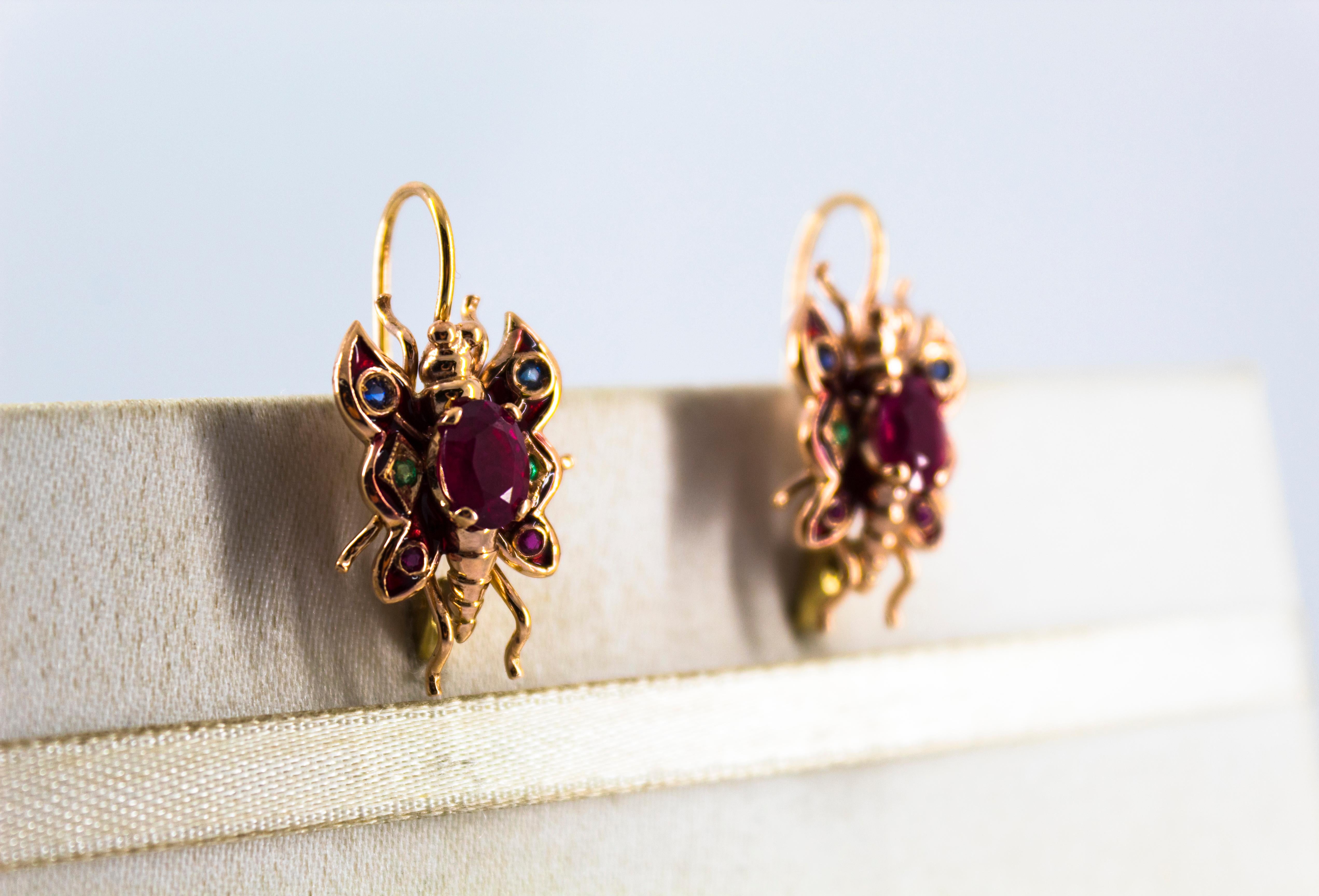 2.20 Carat Emerald Ruby Blue Sapphire Yellow Gold Lever Back Butterfly Earrings For Sale 6