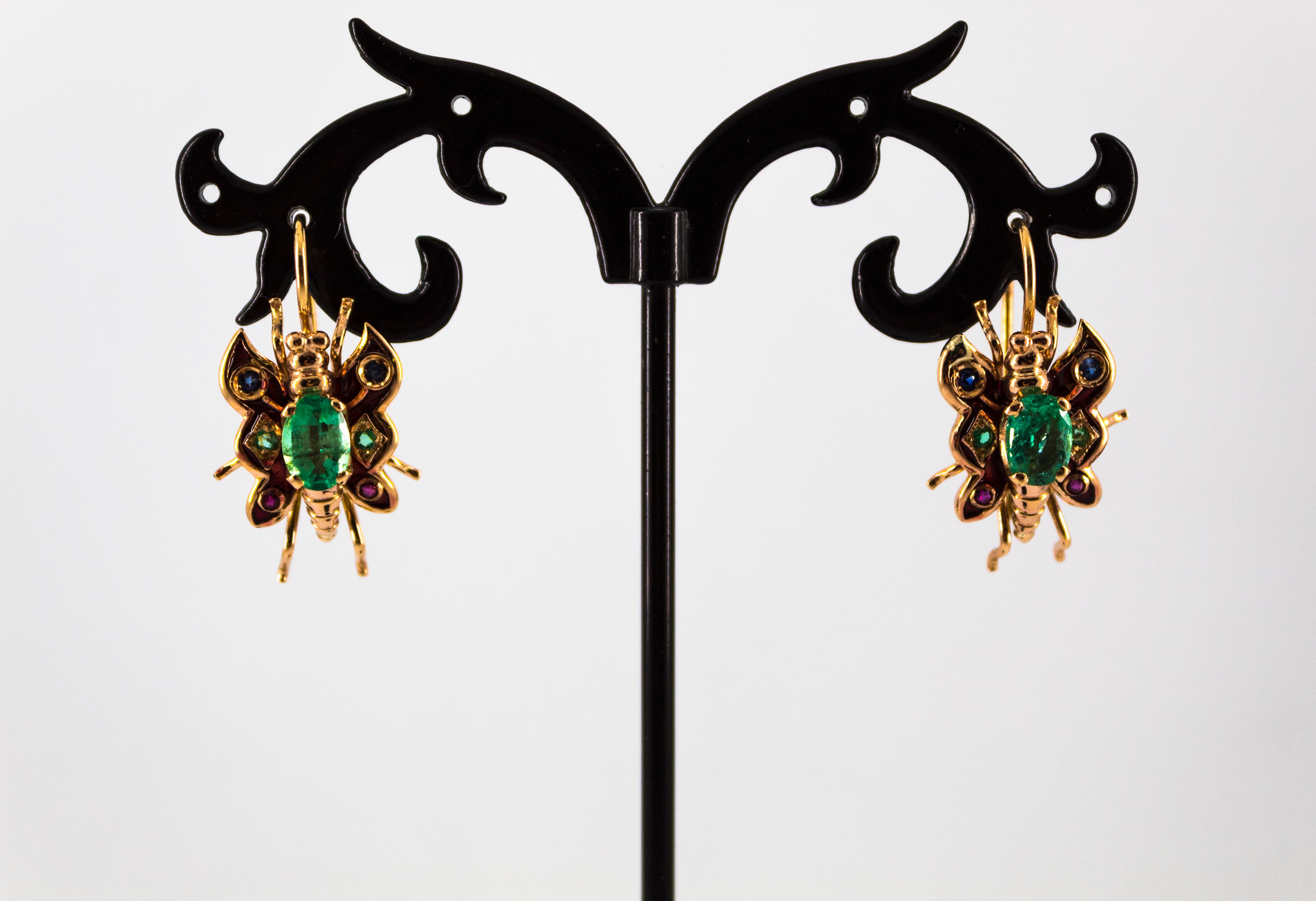 2.20 Carat Emerald Ruby Blue Sapphire Yellow Gold Lever Back Butterfly Earrings In New Condition For Sale In Naples, IT