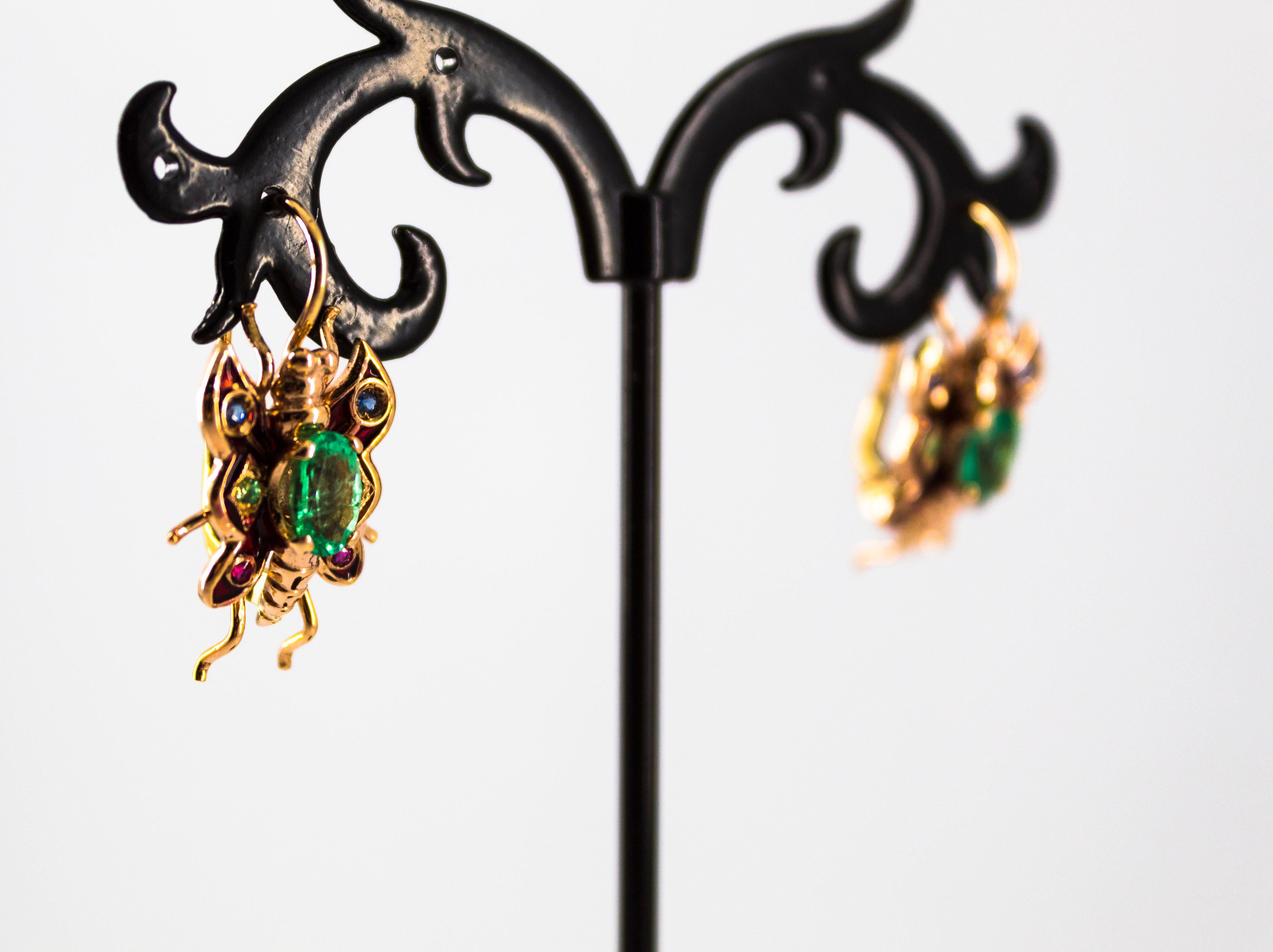 Women's or Men's 2.20 Carat Emerald Ruby Blue Sapphire Yellow Gold Lever Back Butterfly Earrings For Sale