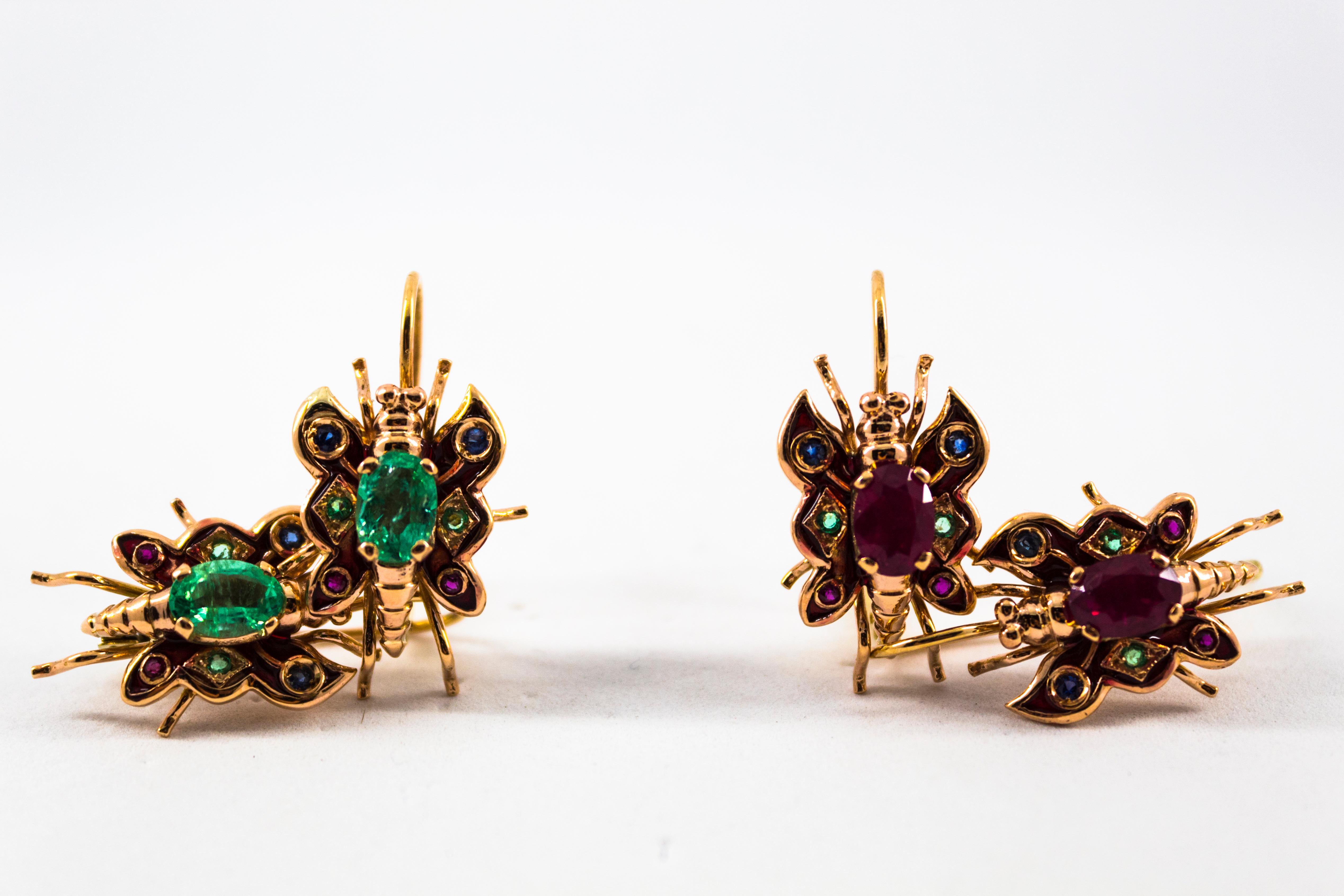 2.20 Carat Emerald Ruby Blue Sapphire Yellow Gold Lever Back Butterfly Earrings For Sale 3
