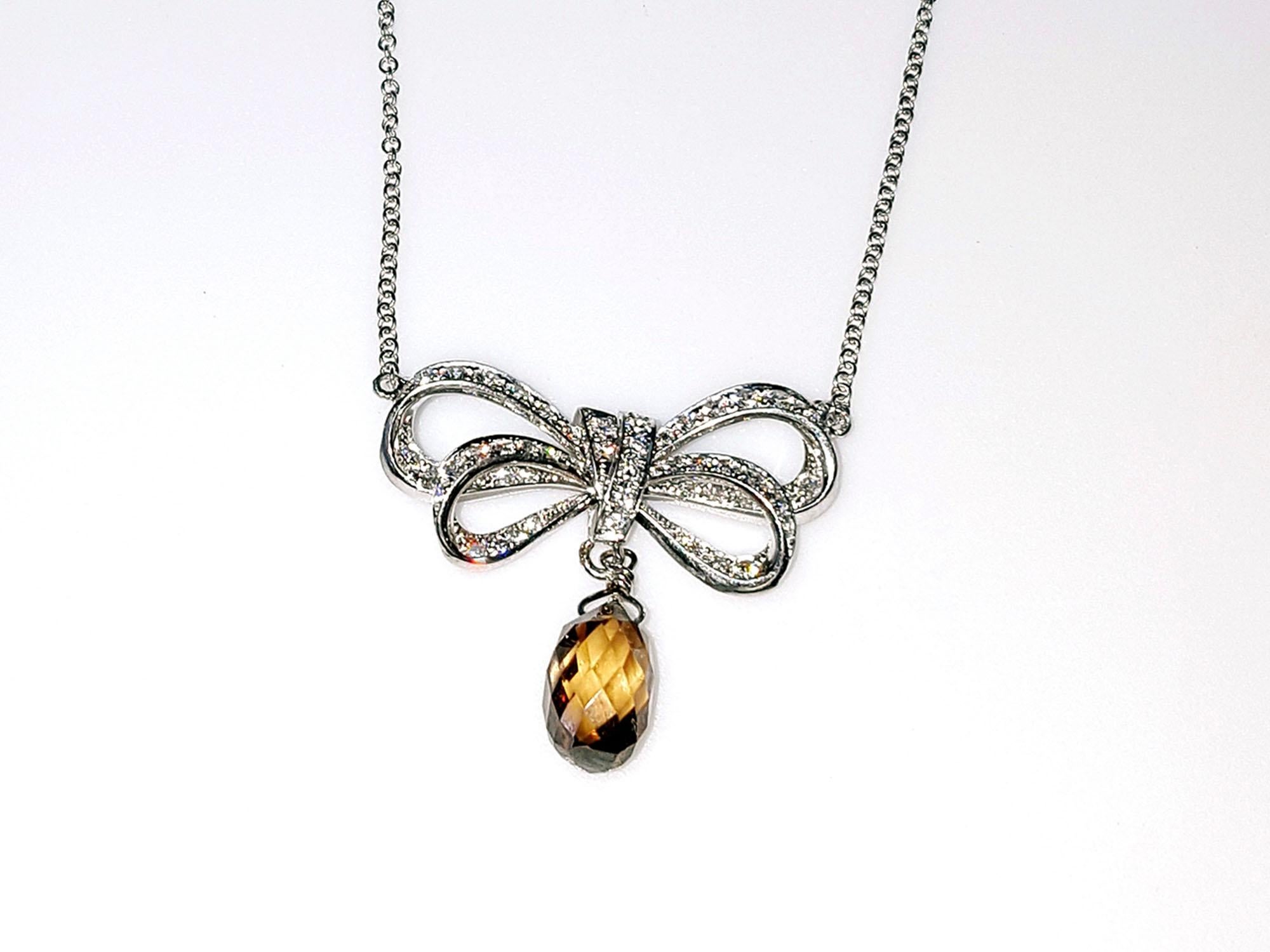 Briolette Cut 2.20 Carat Fancy Orangy Brown Diamond Pendant Bow Necklace In Platinum GIA Cert. For Sale