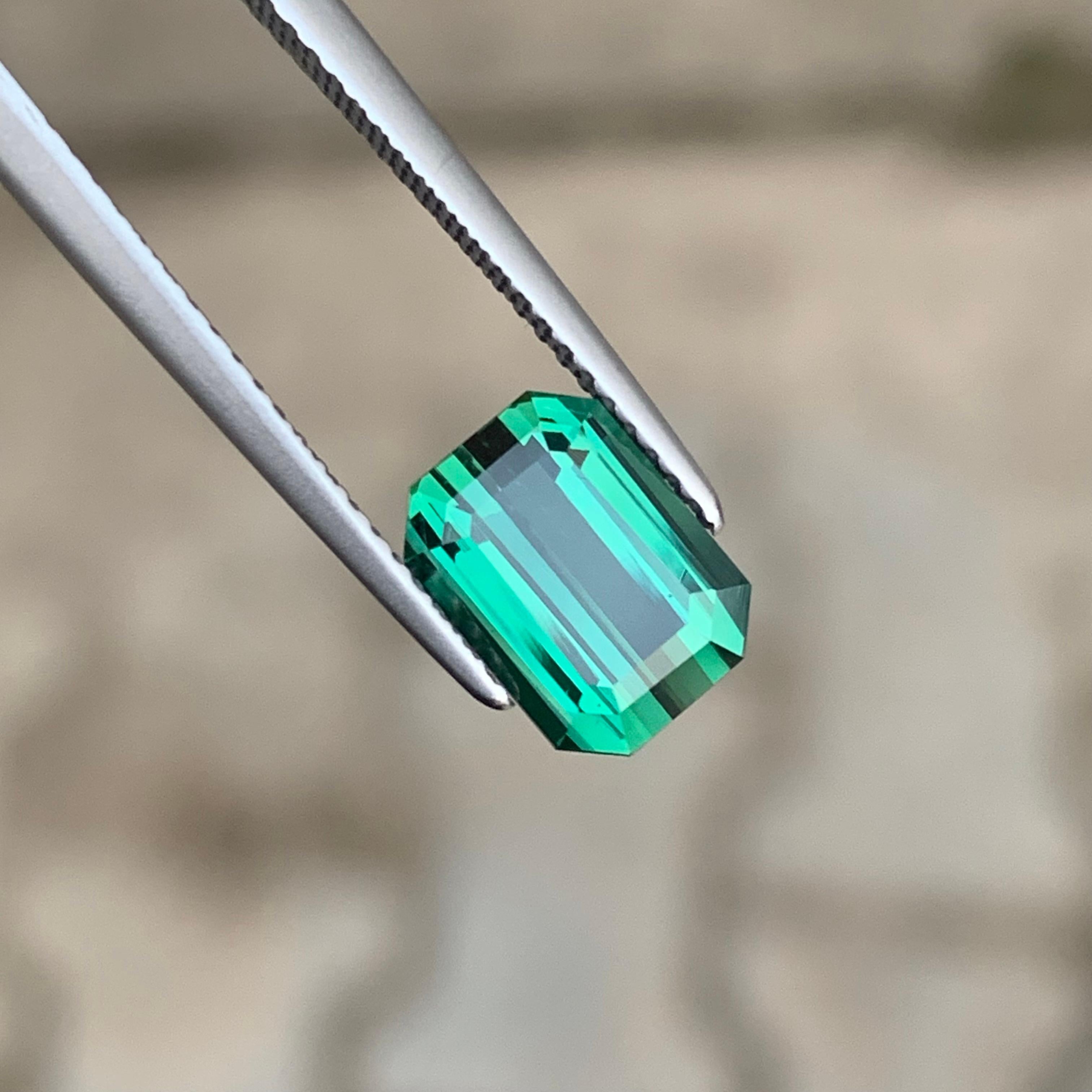 Faceted Lagoon Tourmaline
Weight: 2.20 Carats
Dimension: 8.9x6.6x4.4 Mm
Origin: Afghanistan
Color: Green Blue / Lagoon 
Shape: Emerald 
Clarity: Clean Eye Clean
Certificate: On Demand
Treatment: Non / Natural
Tourmaline is a strongly dichroic