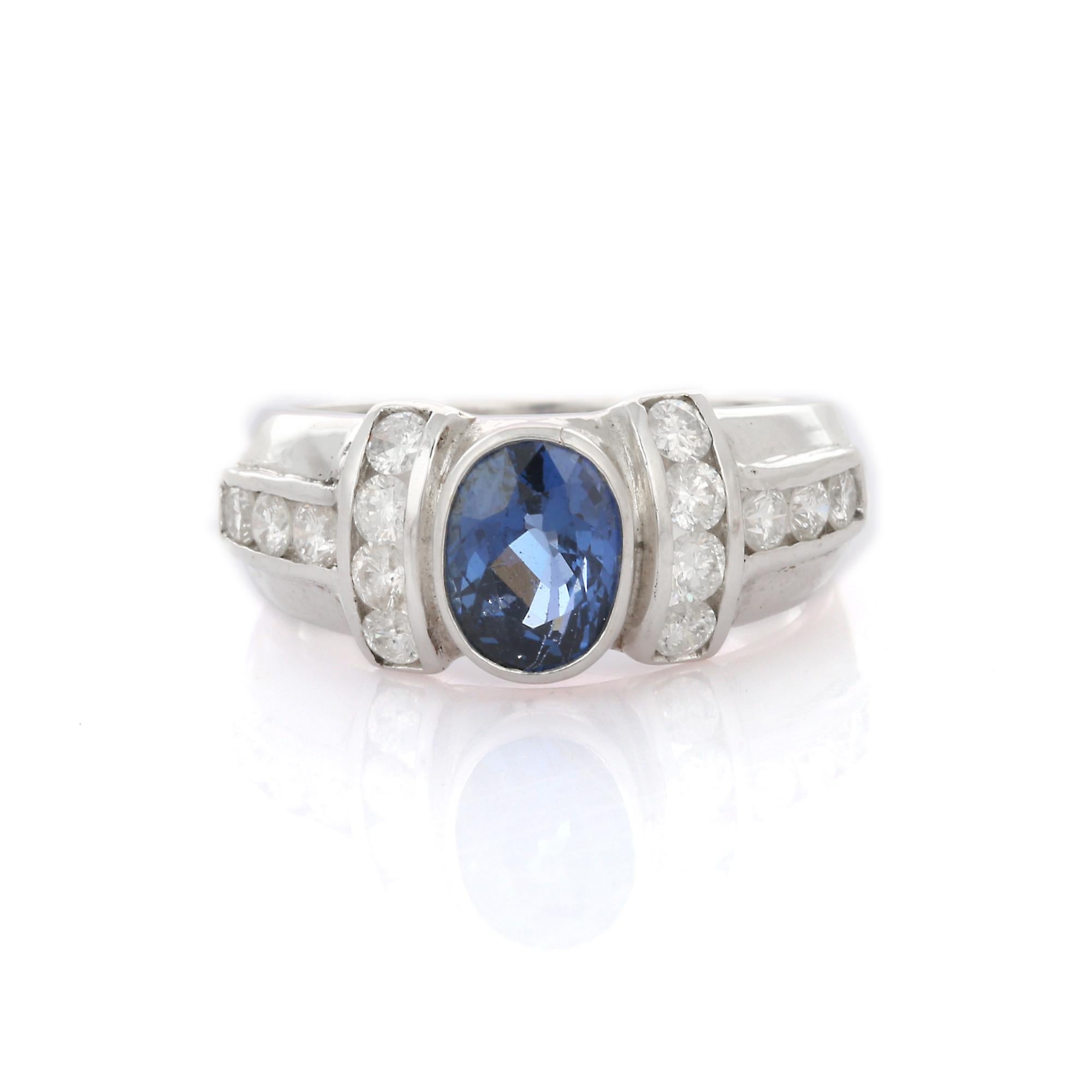 For Sale:  Natural Blue Sapphire with Diamonds Ring Set in 18K White Gold  2