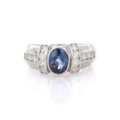 Natural Blue Sapphire with Diamonds Ring Set in 18K White Gold