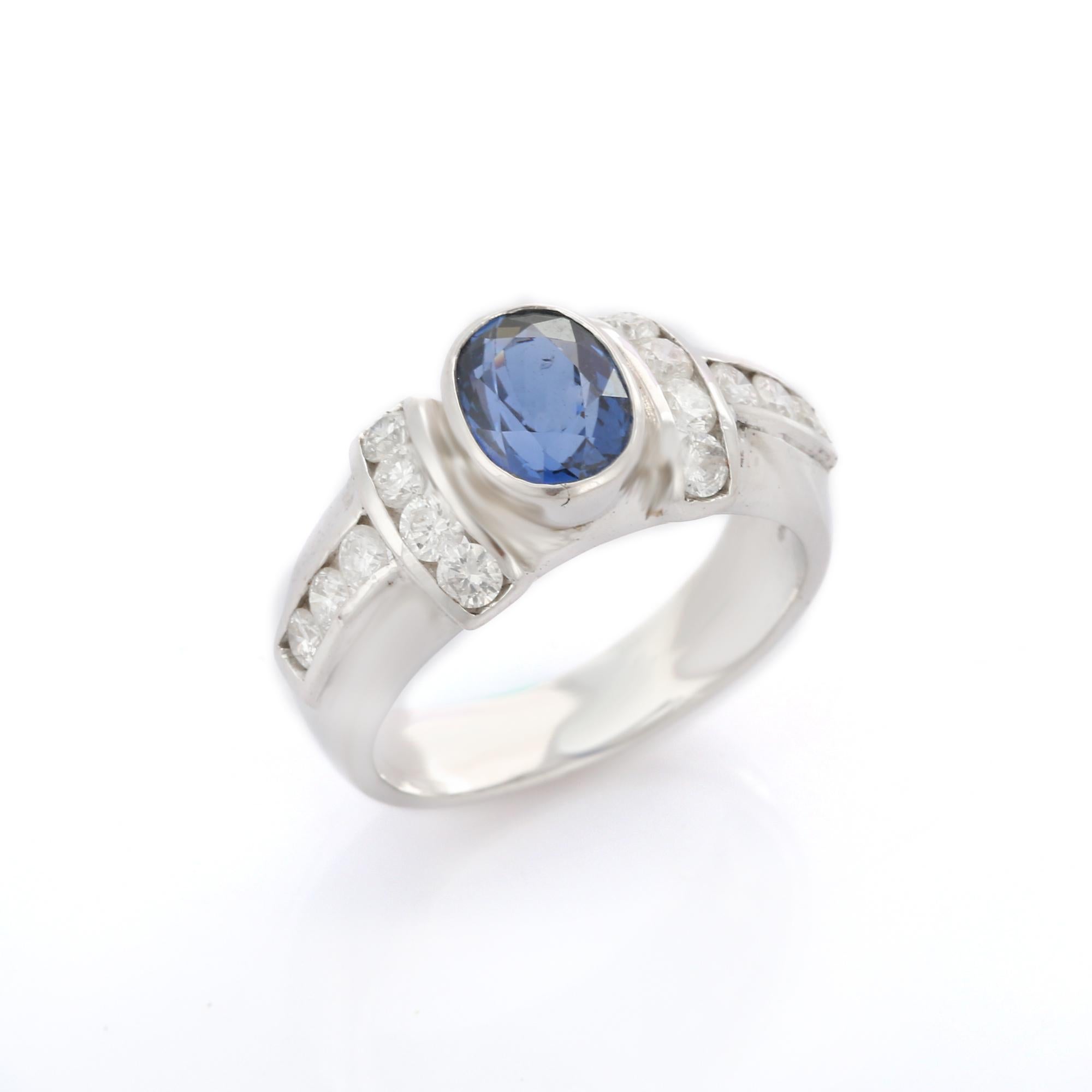 For Sale:  Natural Blue Sapphire with Diamonds Ring Set in 18K White Gold  5