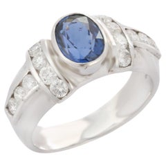 Natural Blue Sapphire with Diamonds Ring Set in 18K White Gold 