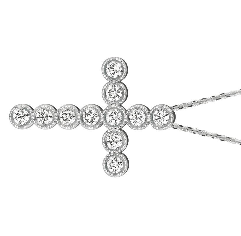 Round Cut 2.20 Carat Natural Diamond Cross Pendant Necklace 14 Karat White Gold G SI Chain For Sale