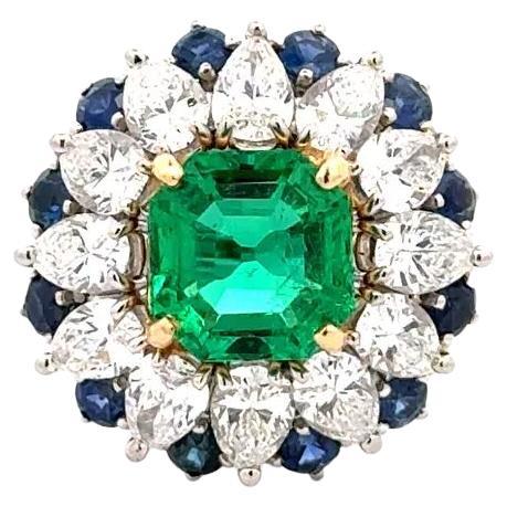 2.20 Carat NO OIL Columbian Emerald GIA, Diamond and Sapphire Platinum Ring