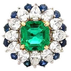 2.20 Carat NO OIL Columbian Emerald GIA, Diamond and Sapphire Platinum Ring