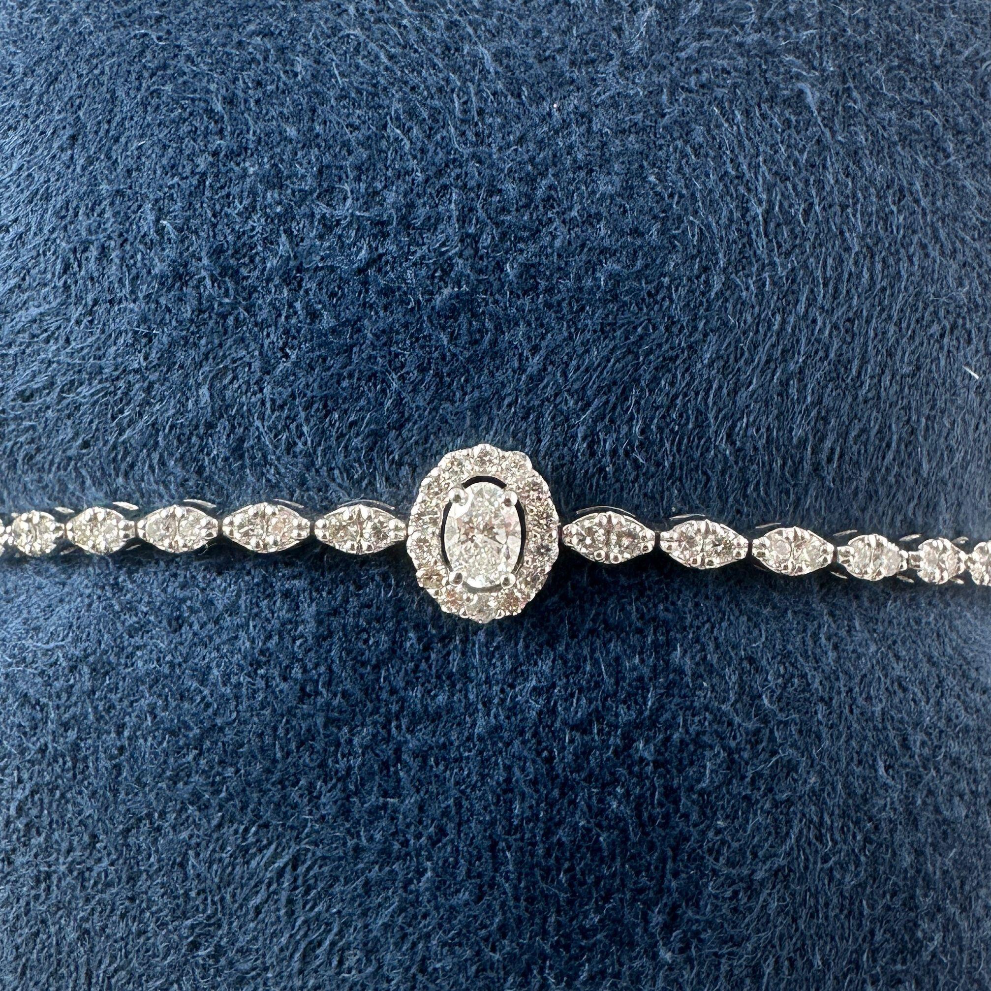 2.20 Carat Oval Diamond Halo Center Bracelet in 14K White Gold, 7 Inches For Sale 1