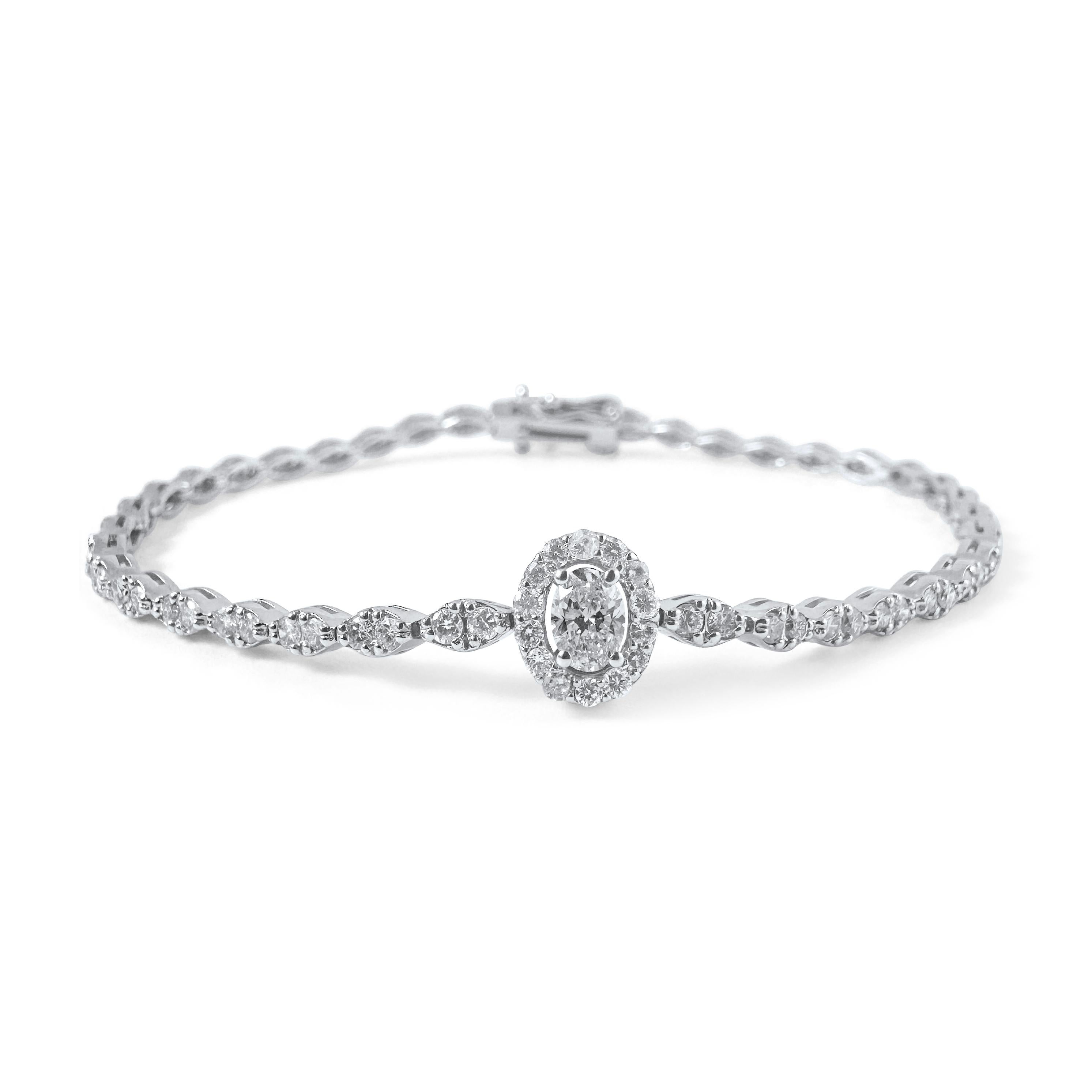 Women's 2.20 Carat Oval Diamond Halo Center Bracelet in 14K White Gold, 7 Inches For Sale