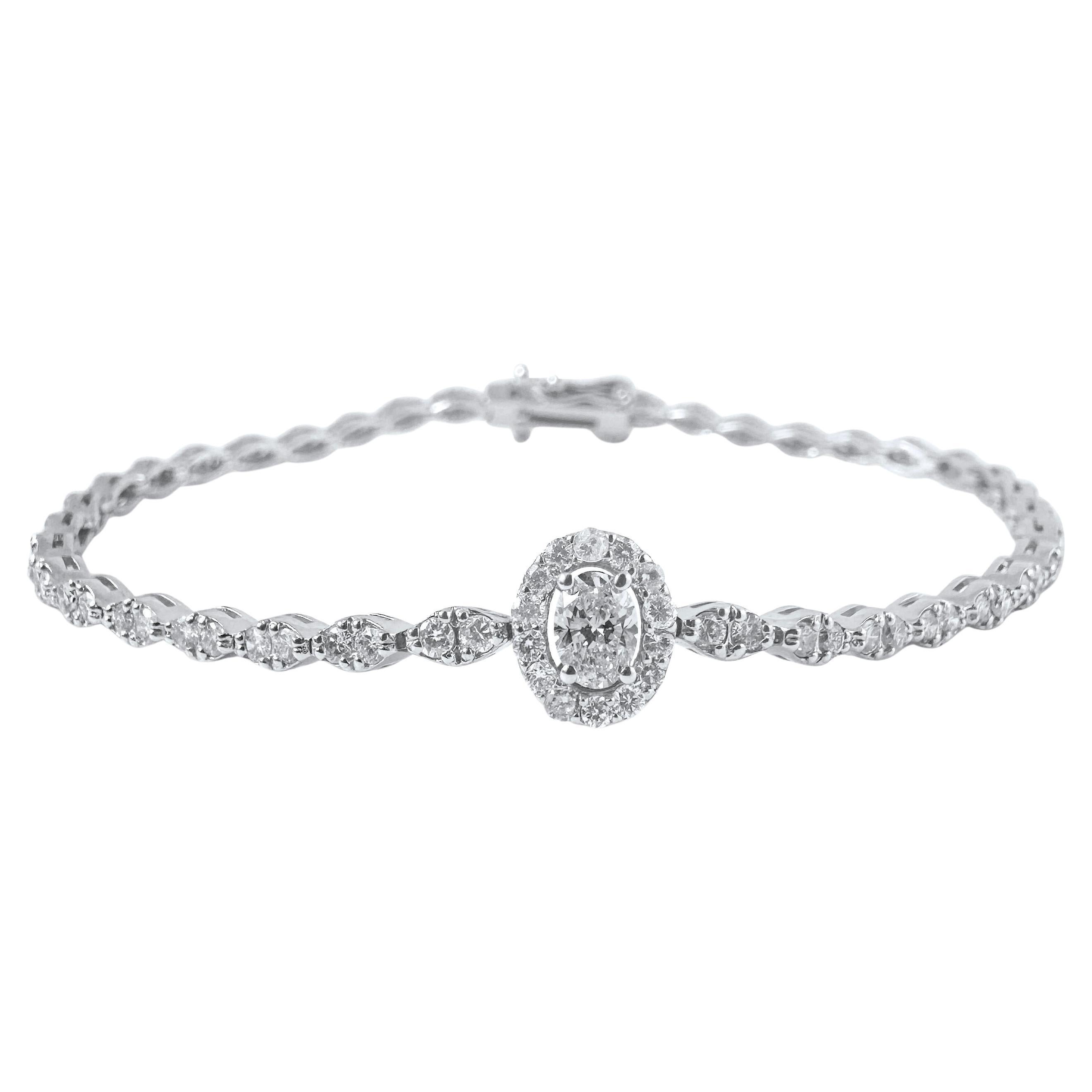 2.20 Carat Oval Diamond Halo Center Bracelet in 14K White Gold, 7 Inches For Sale