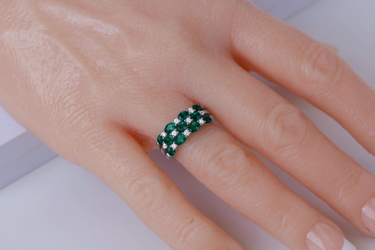 Oval Cut 2.20 Carat Oval Emerald and 0.29 Carat Diamond Checkerboard Ring in 14k White For Sale