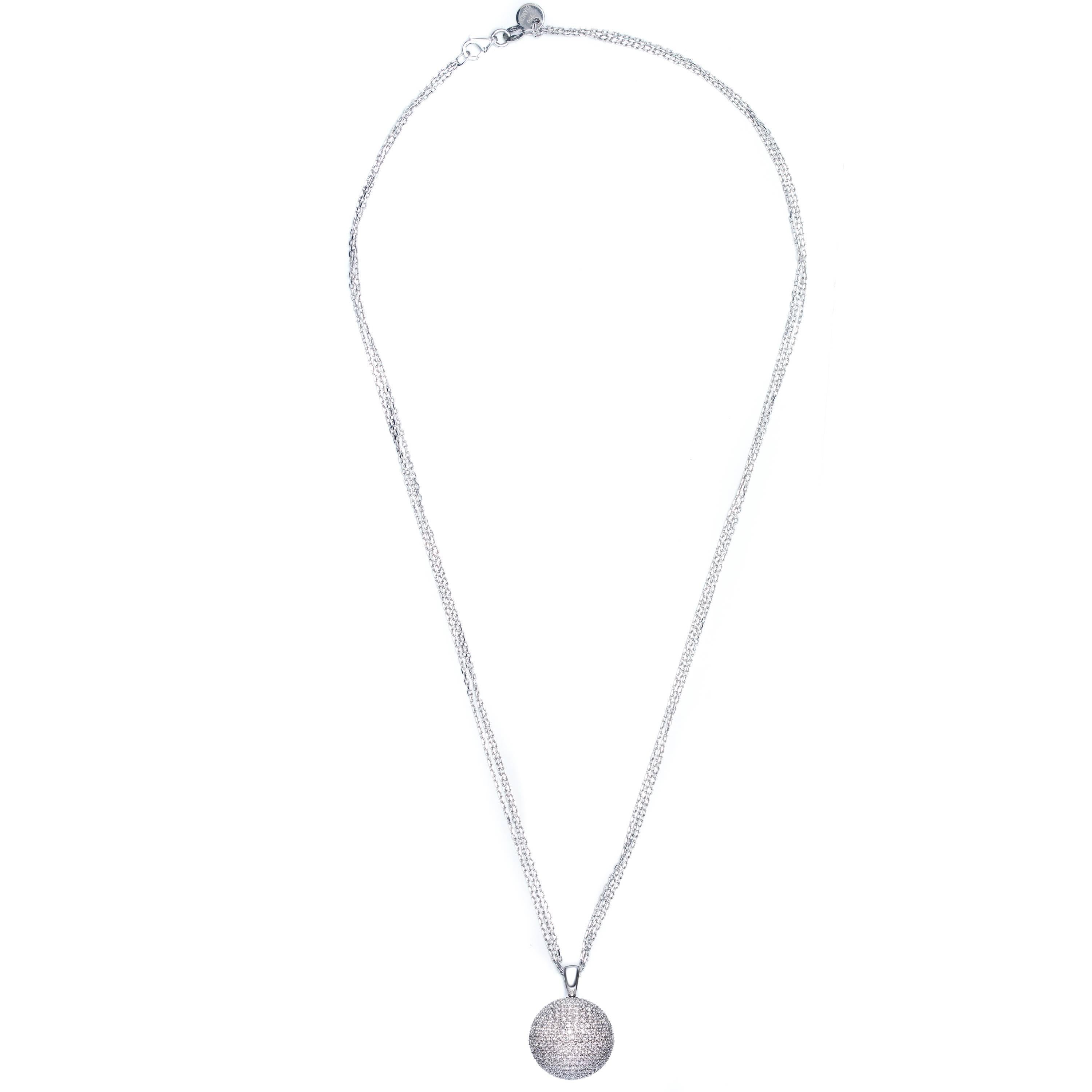 Illuminating and Luxurious, This stand out 2.20 Carat Pendant and chain unites 18 Karat White Gold with Beautiful classic Round Brilliant Cut white Diamonds, color H, clarity SI. These Diamonds glimmer intensely without over powering the wearer.