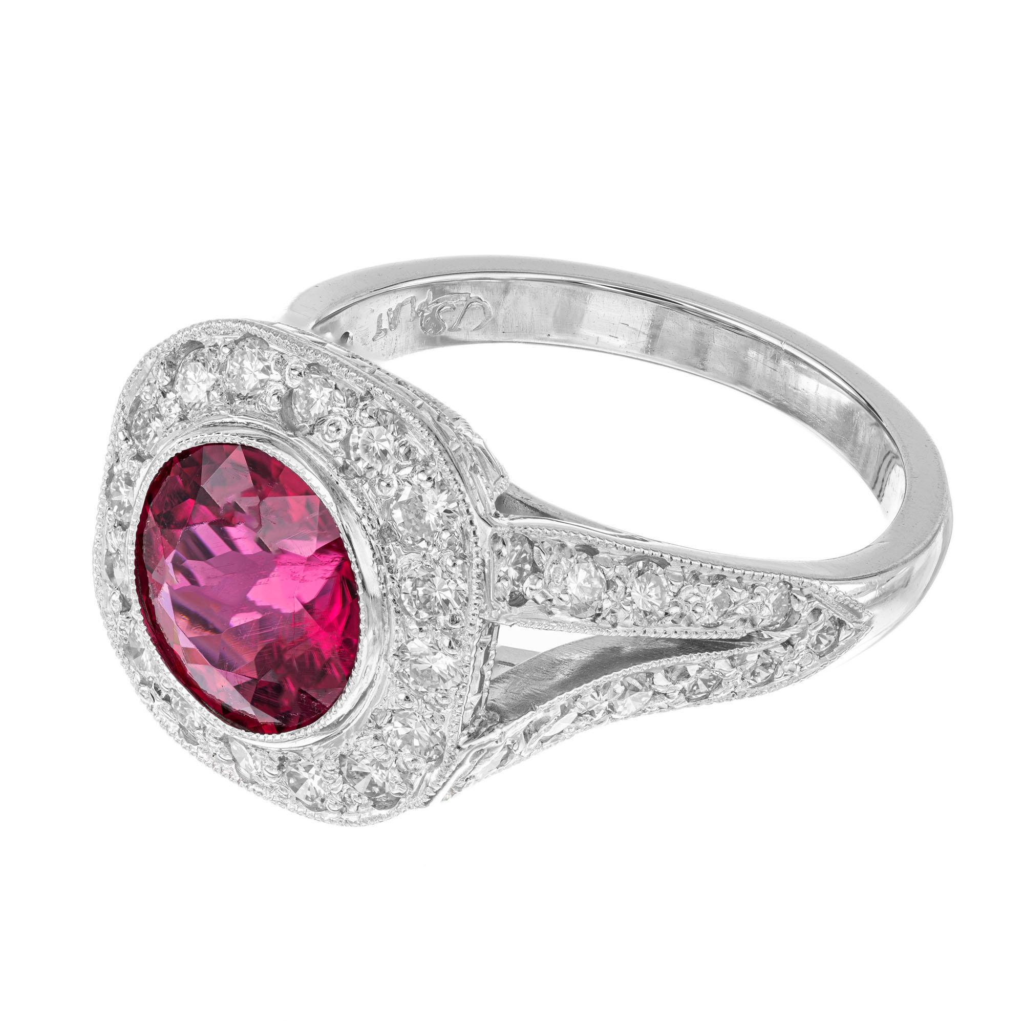Pink Rubellite natural Gubelin certified round 2.02ct Tourmaline and diamond engagement ring. Gubelin certified center round pink tourmaline in a platinum diamond split and halo setting. The stone is from an estate circa 1930. 

1 round red pink