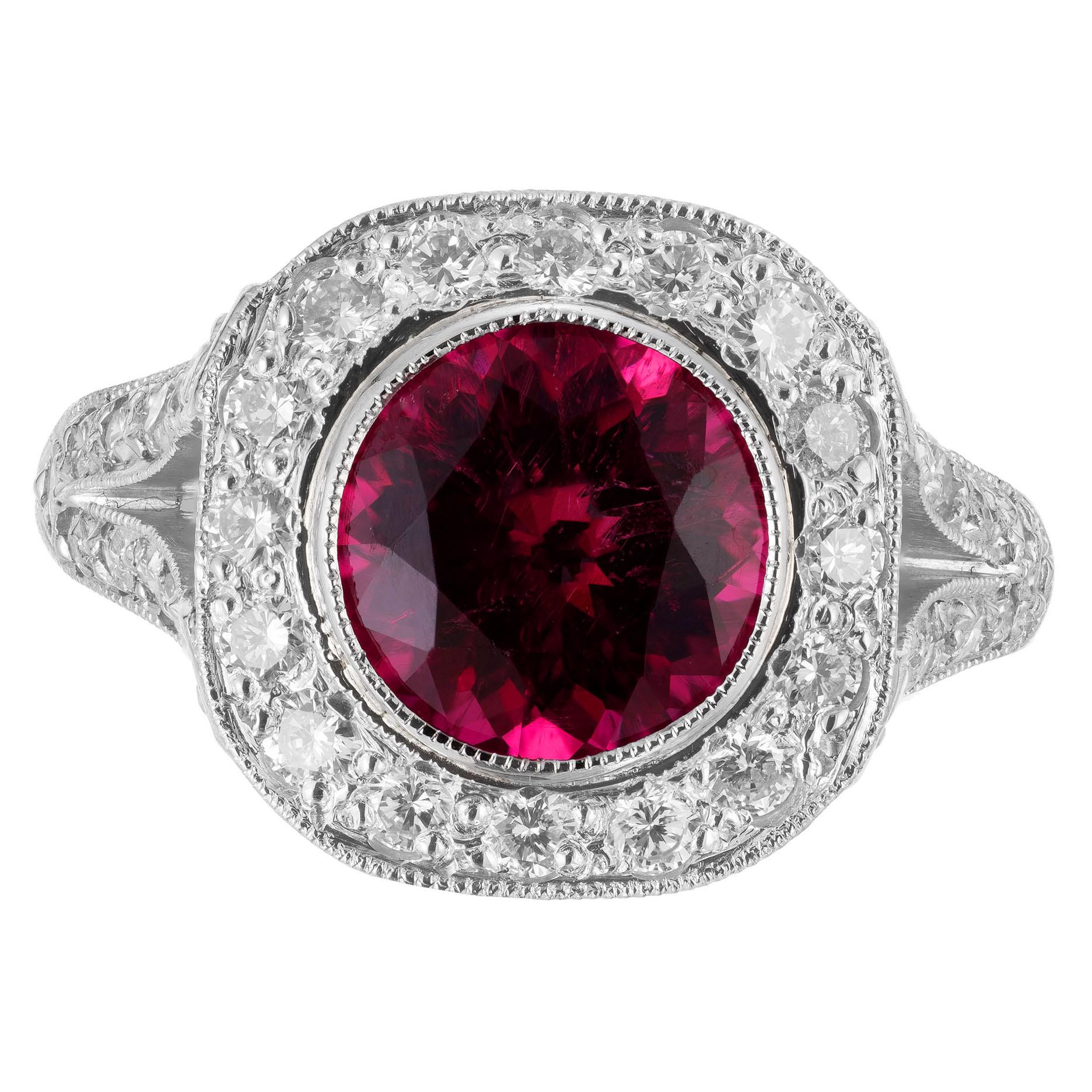 2.20 Carat Pink Red Rubellite Tourmaline Diamond Halo Platinum Engagement Ring For Sale 1