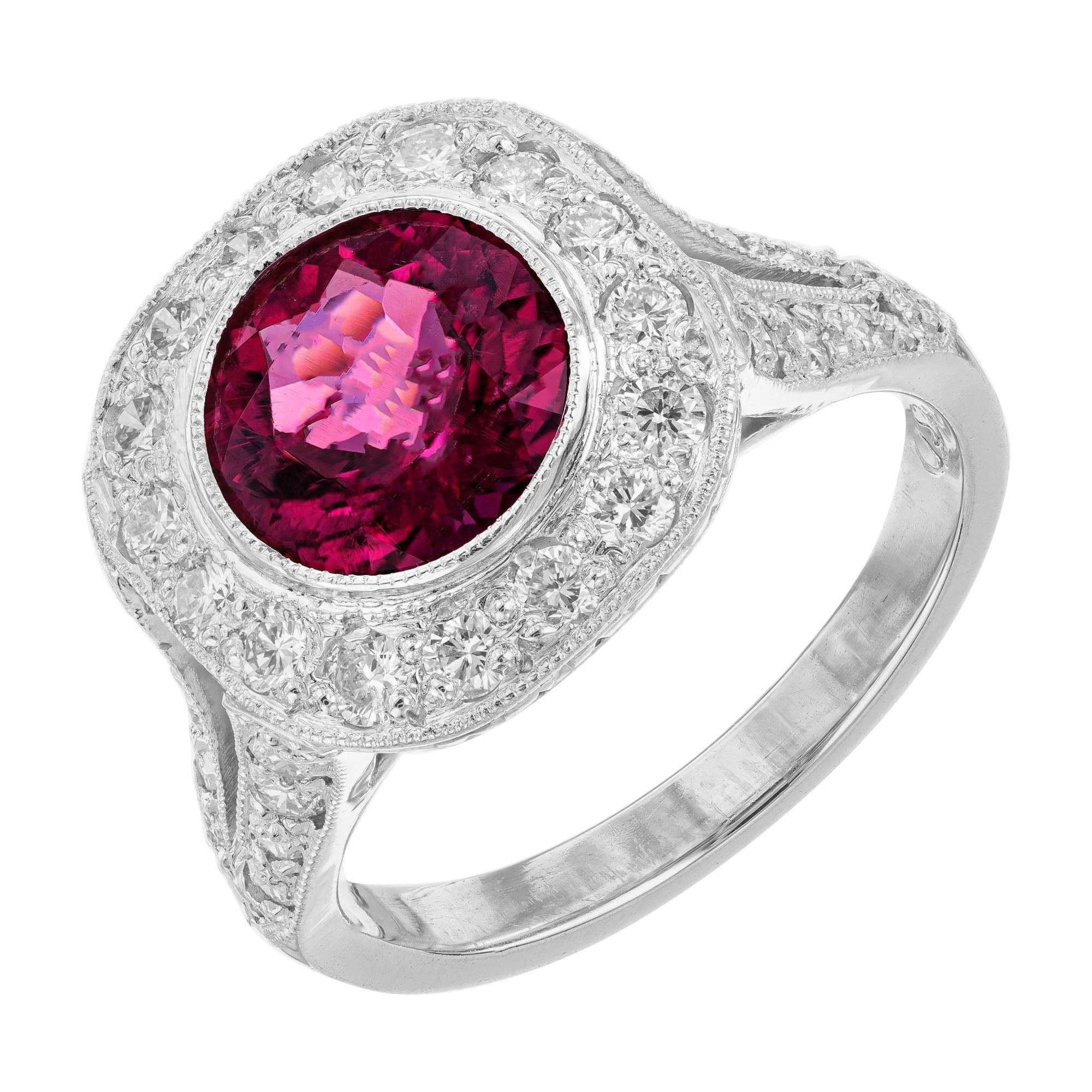 2.20 Carat Pink Red Rubellite Tourmaline Diamond Halo Platinum Engagement Ring For Sale