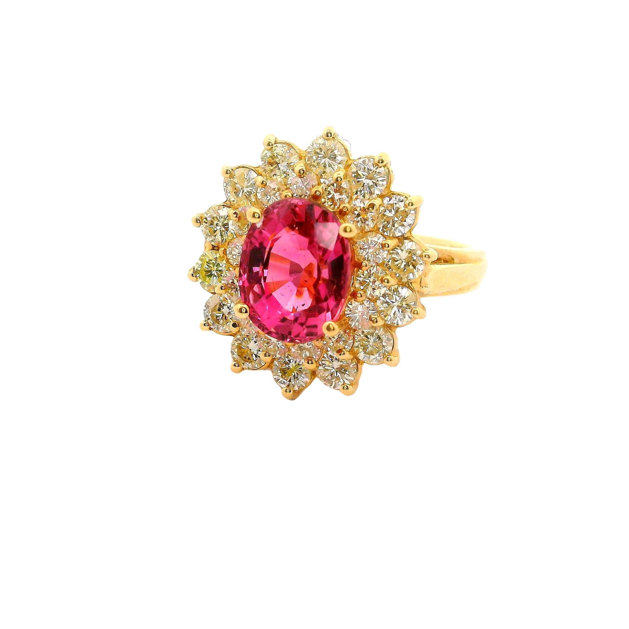 Contemporary 2.20 Carat Pink Tourmaline Diamond Sunburst 14k Yellow Gold Ring