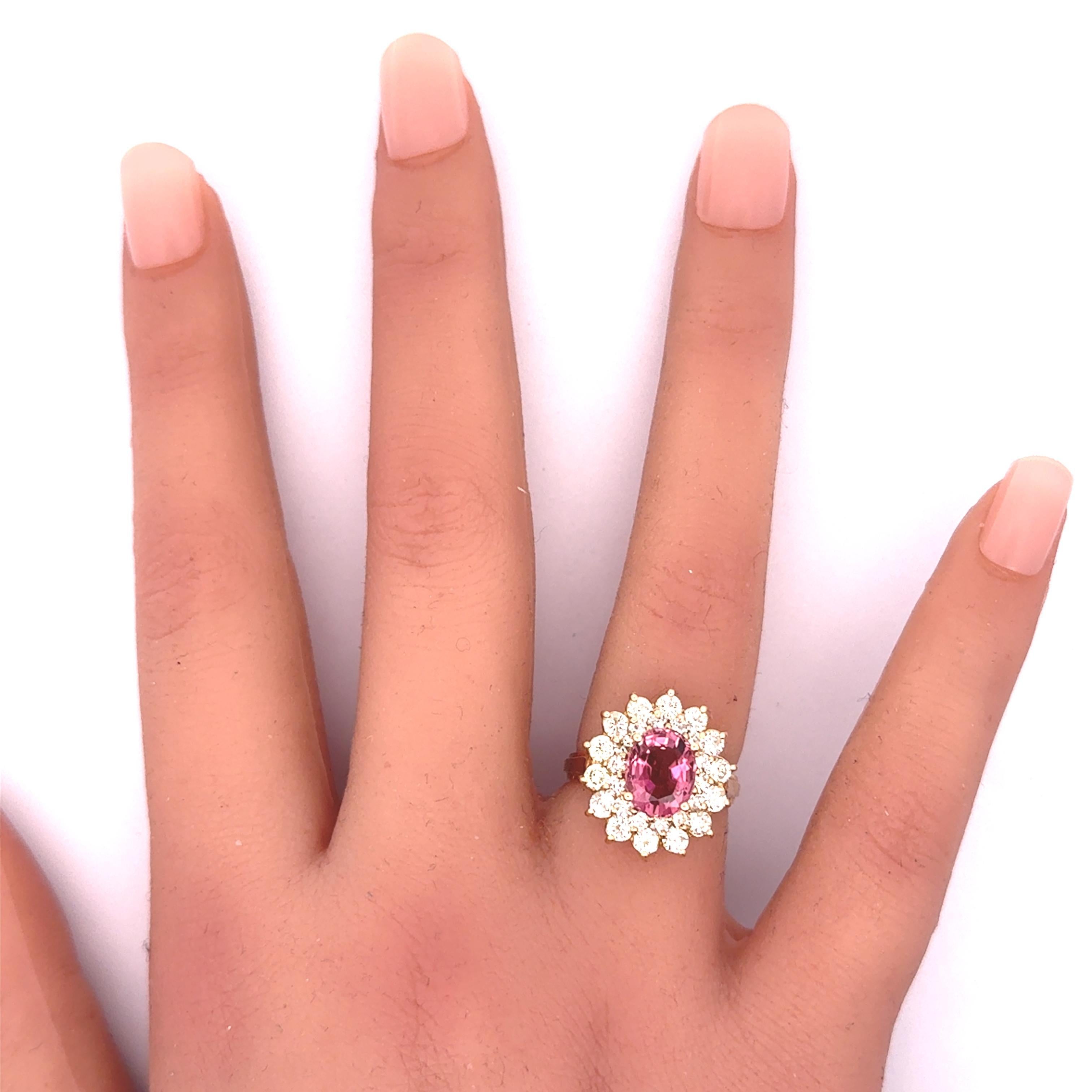 Oval Cut 2.20 Carat Pink Tourmaline Diamond Sunburst 14k Yellow Gold Ring