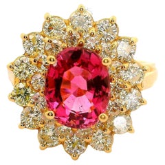 2.20 Carat Pink Tourmaline Diamond Sunburst 14k Yellow Gold Ring
