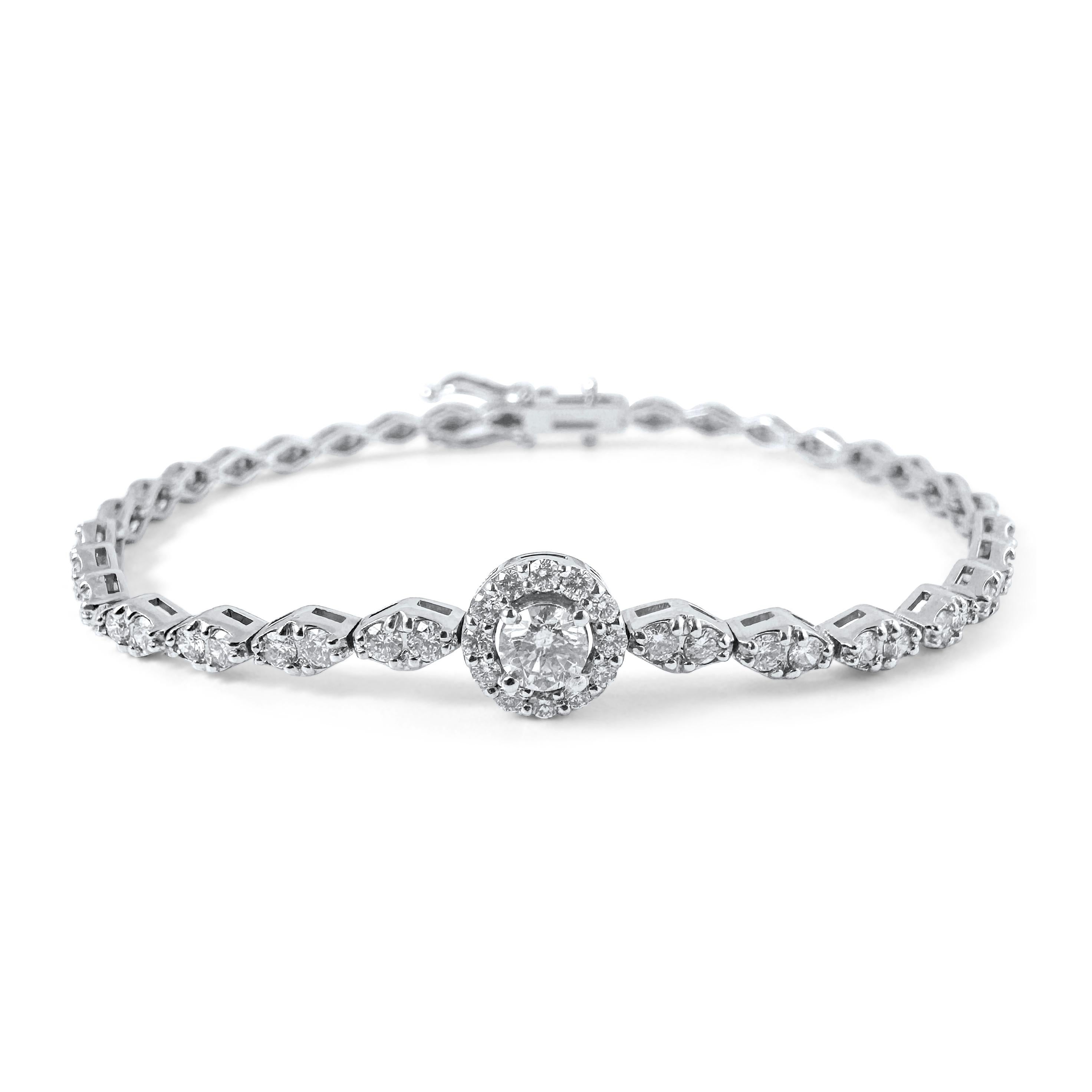 Women's 2.20 Carat Round Diamond Halo Center Bracelet in 14K White Gold, 7 Inches For Sale