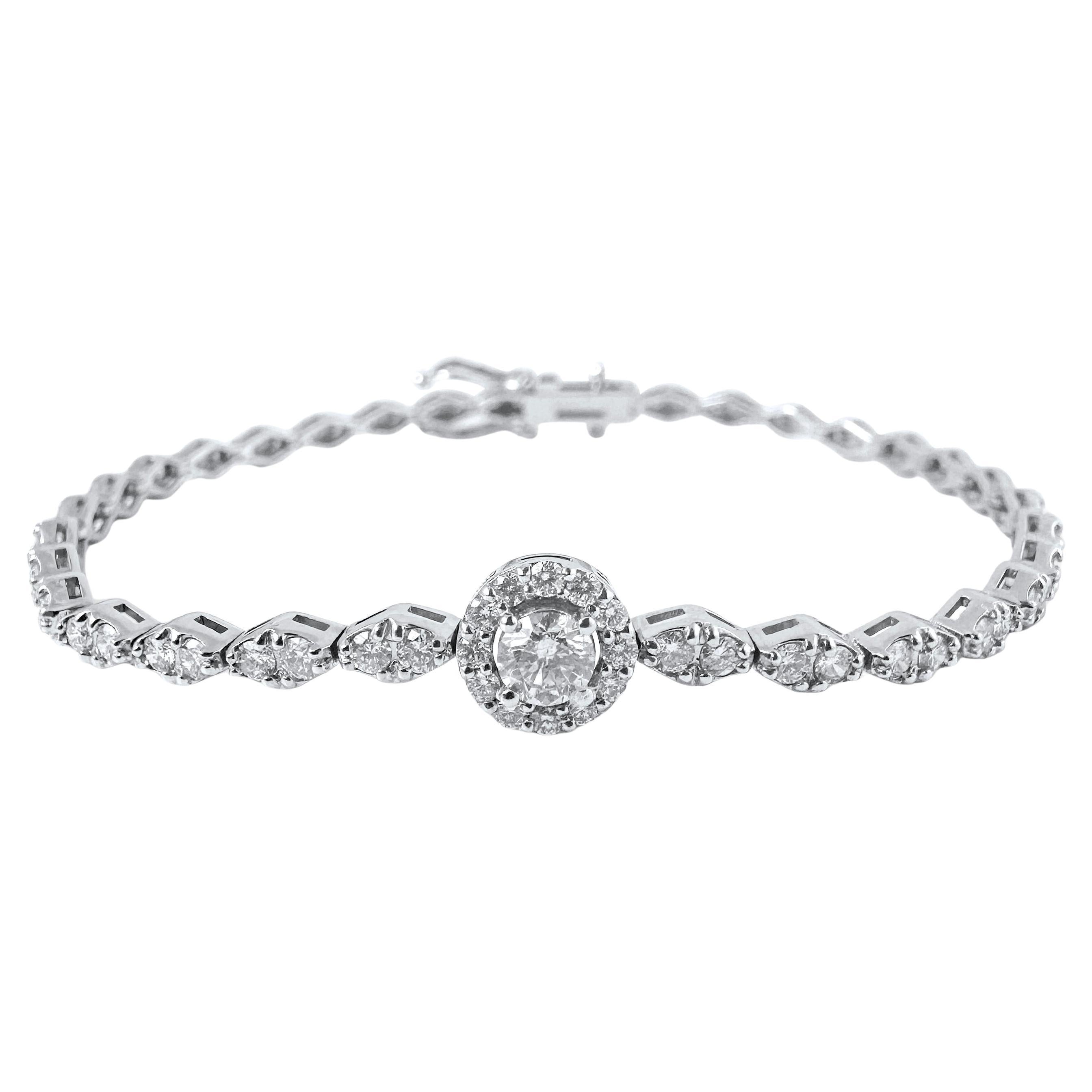 2.20 Carat Round Diamond Halo Center Bracelet in 14K White Gold, 7 Inches