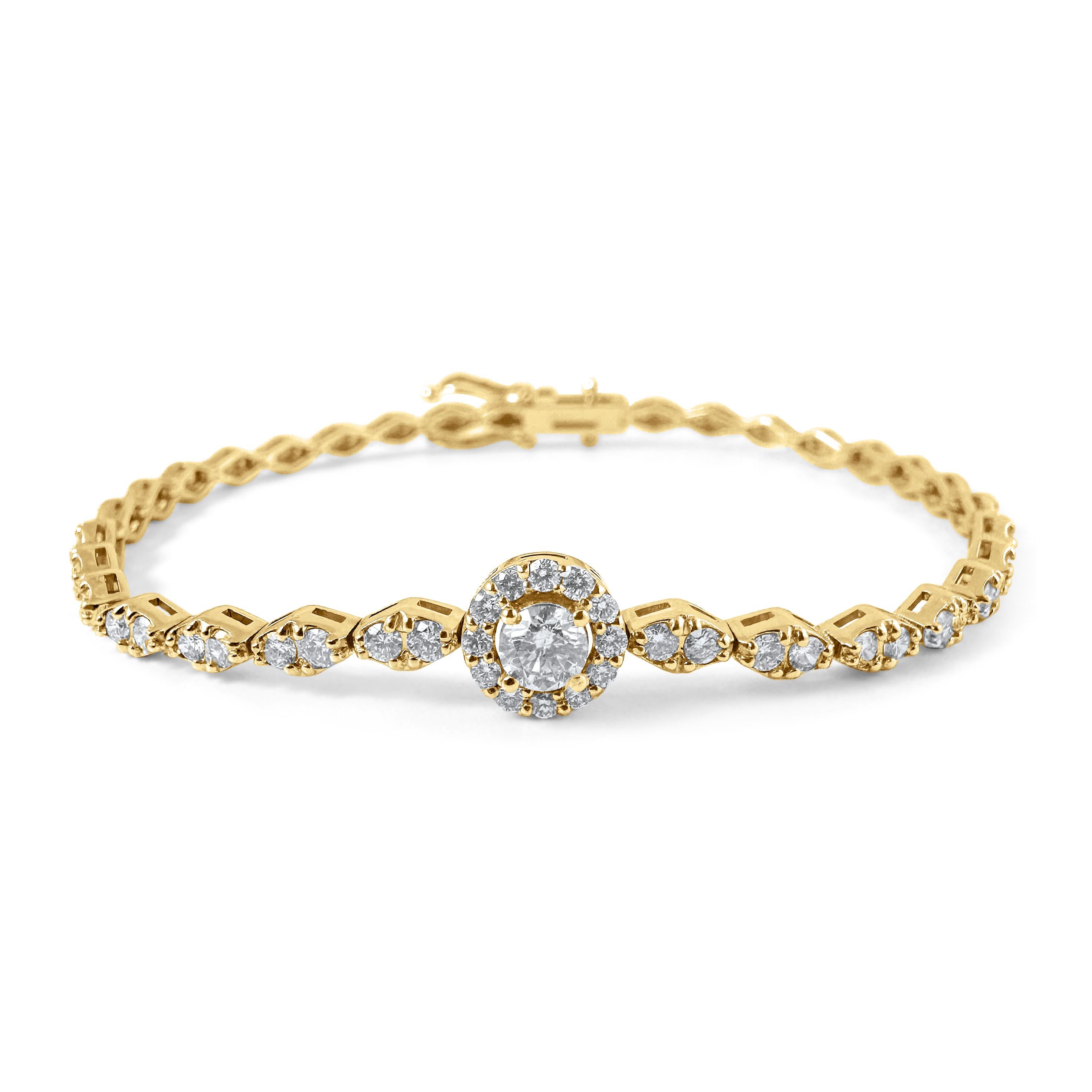 Bracelet en or jaune 14 carats avec halo de diamants ronds de 2,20 carats, 7 pouces en vente 4