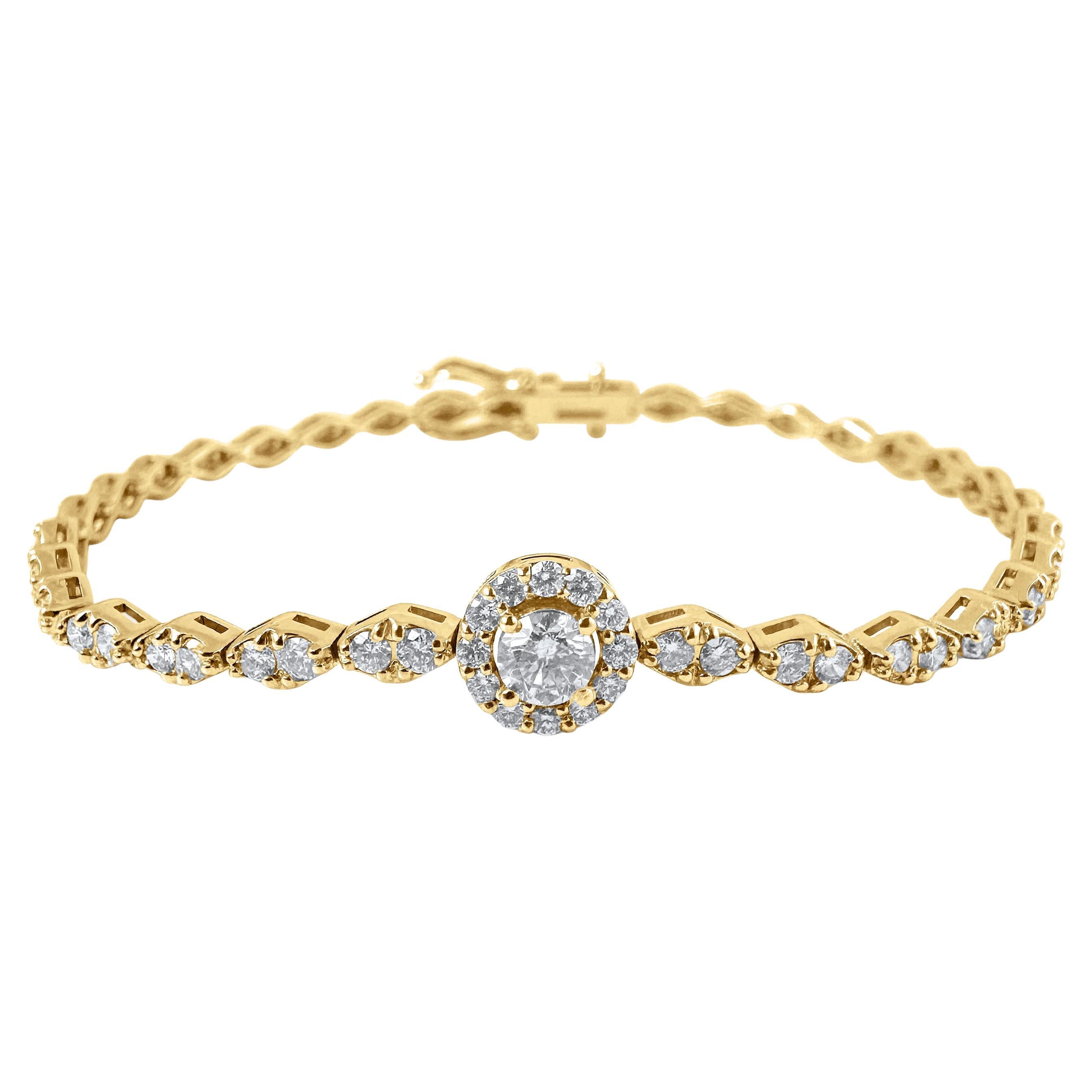 Bracelet en or jaune 14 carats avec halo de diamants ronds de 2,20 carats, 7 pouces en vente