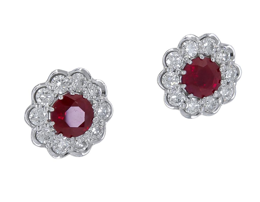 Contemporary 2.20 Carat Round Ruby and Diamond Flower Stud Earrings For Sale