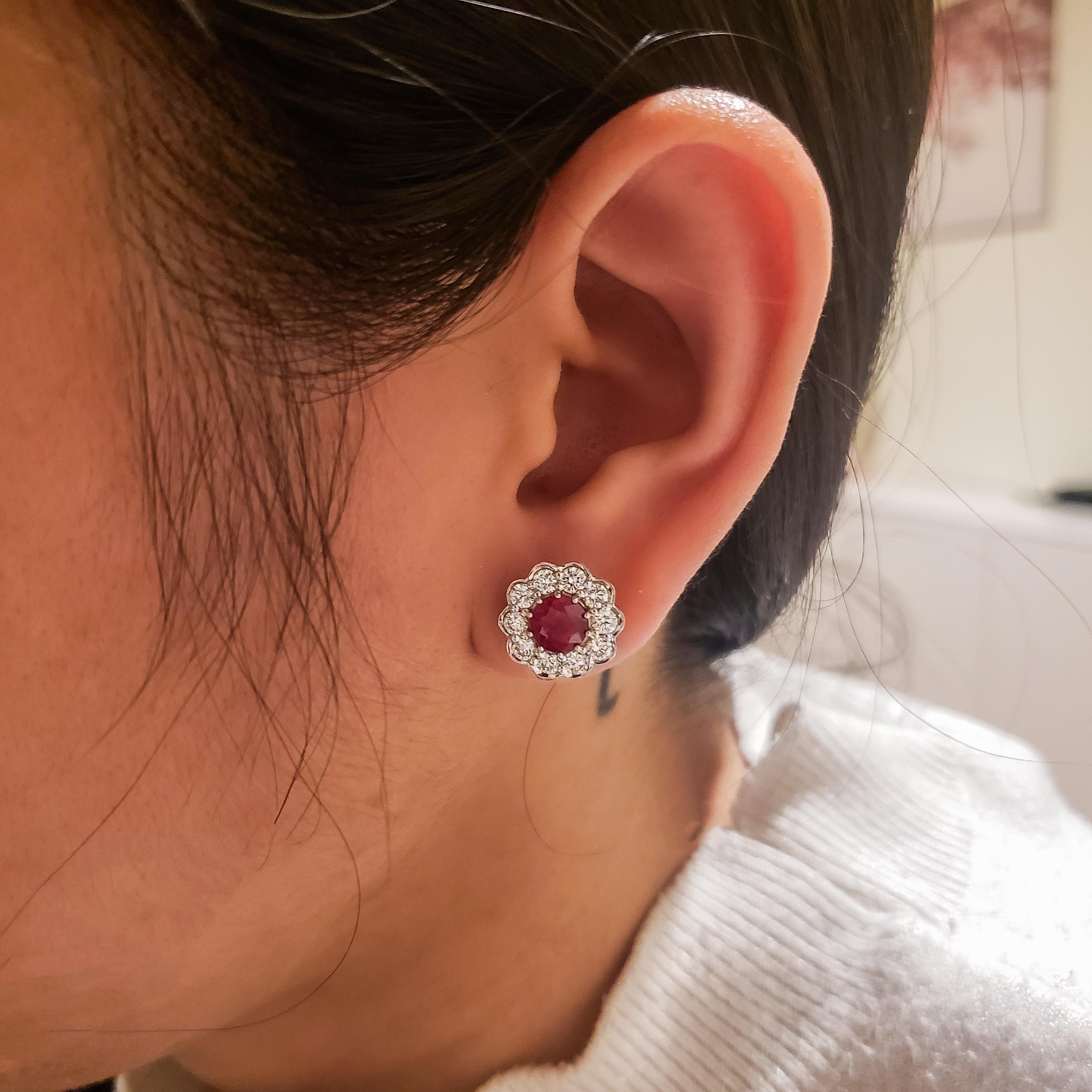 Round Cut 2.20 Carat Round Ruby and Diamond Flower Stud Earrings For Sale