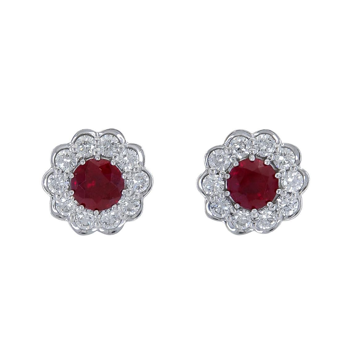 2.20 Carat Round Ruby and Diamond Flower Stud Earrings