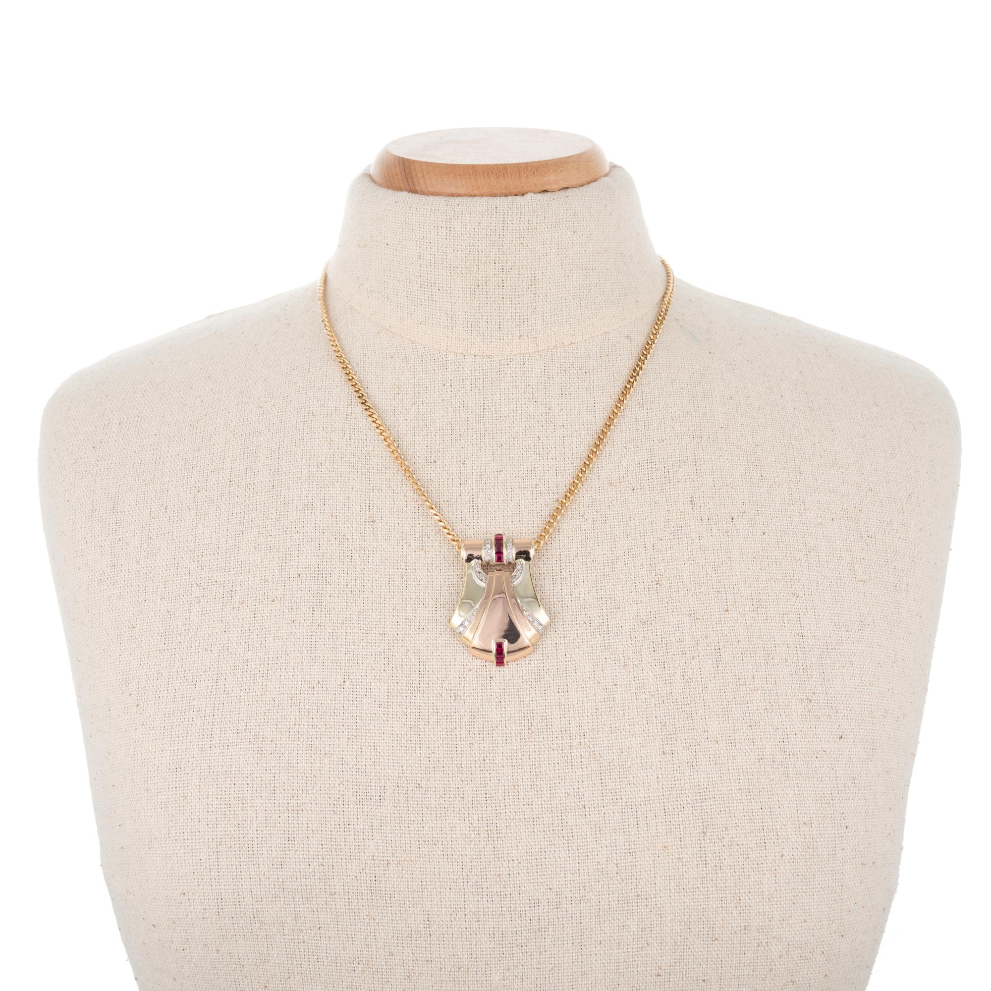 Round Cut 2.20 Carat Ruby Diamond Platinum Rose Gold Art Deco Pendant Necklace
