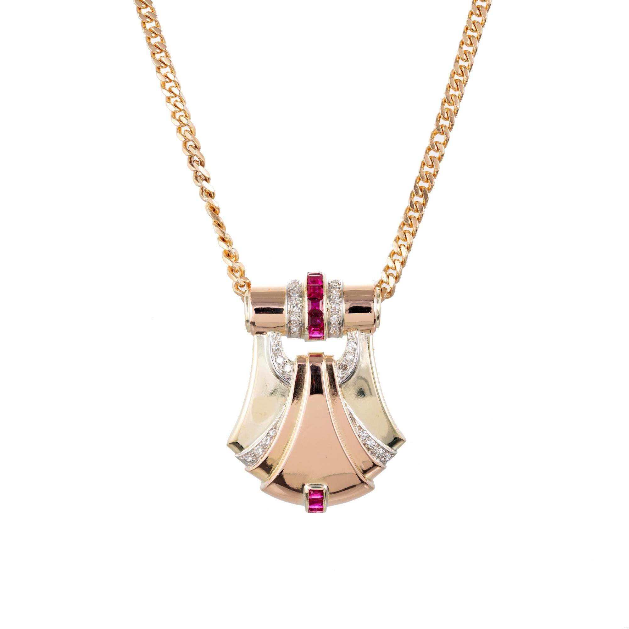 2.20 Carat Ruby Diamond Platinum Rose Gold Art Deco Pendant Necklace
