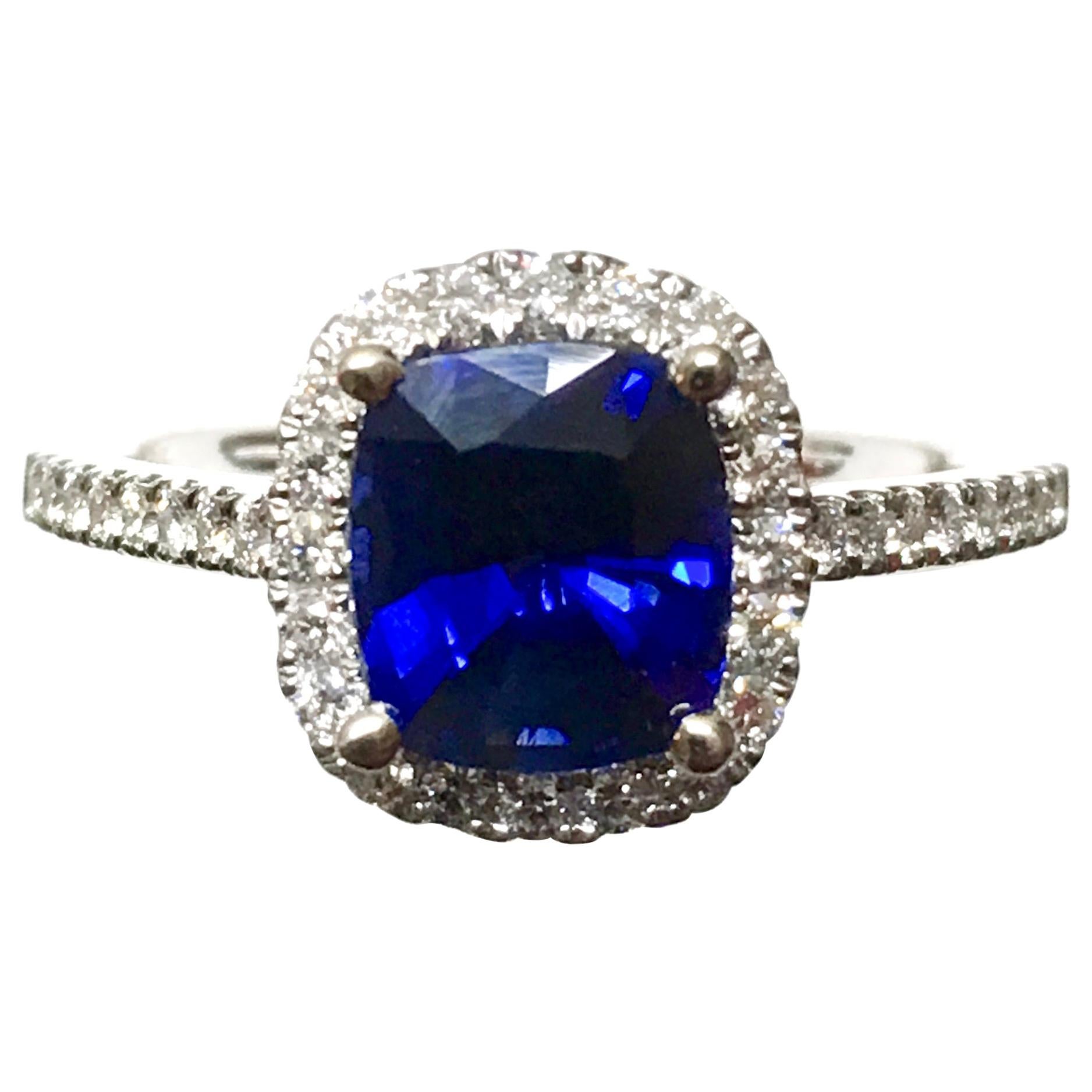 2.20 Carat Sapphire Diamond Halo Engagement Ring 14 Karat White Gold