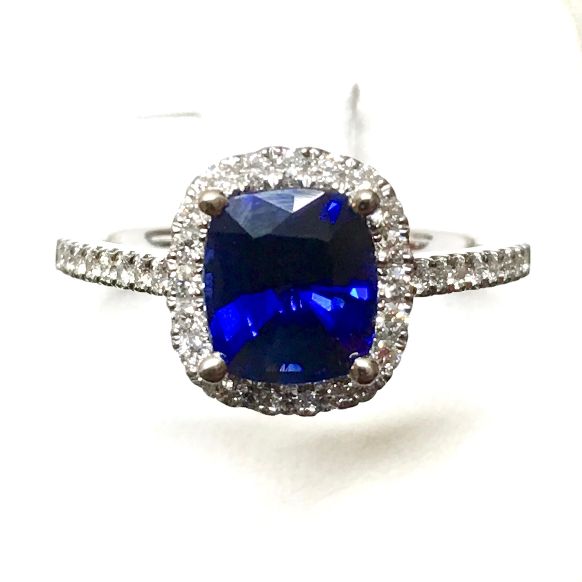 Cushion Cut 2.20 Carat Sapphire Diamond Halo Engagement Ring 14 Karat White Gold