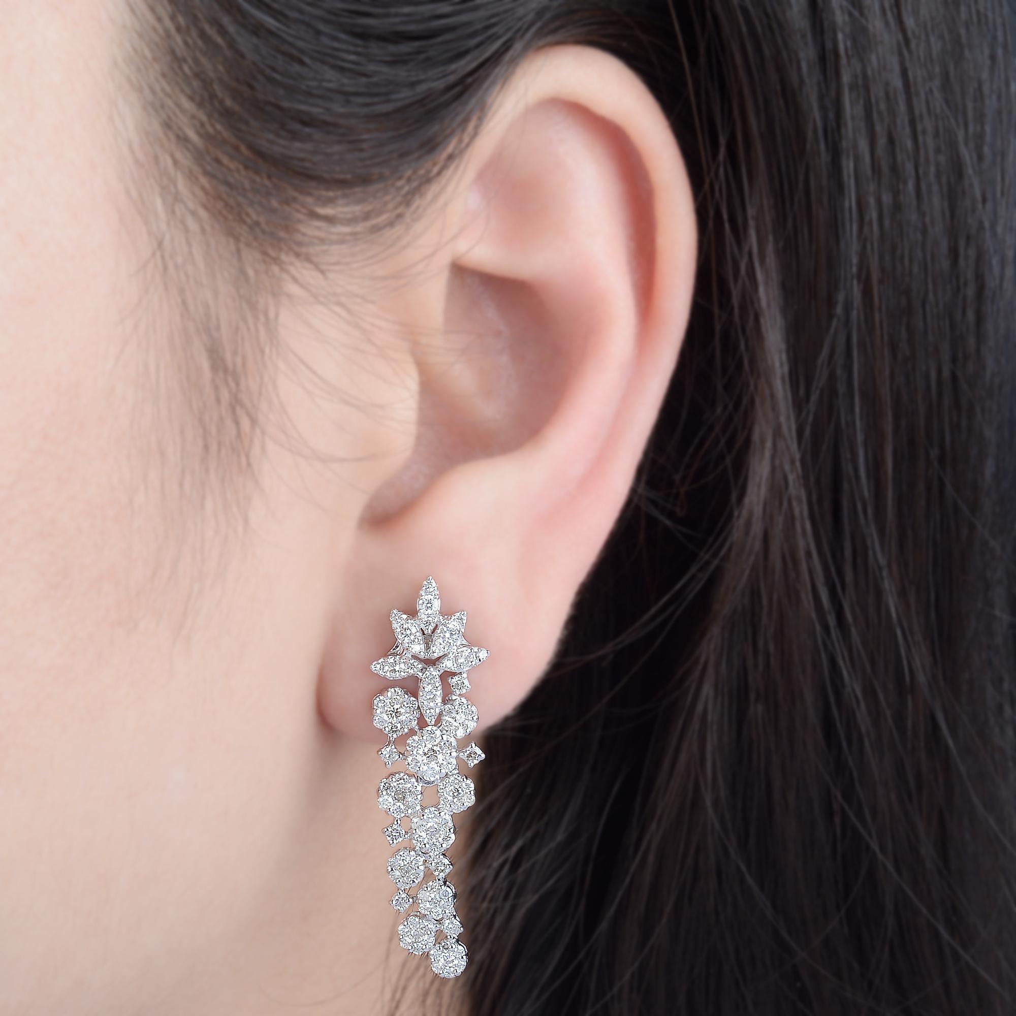 Round Cut 2.20 Carat SI Clarity HI Color Diamond Earrings 14 Karat White Gold Fine Jewelry For Sale
