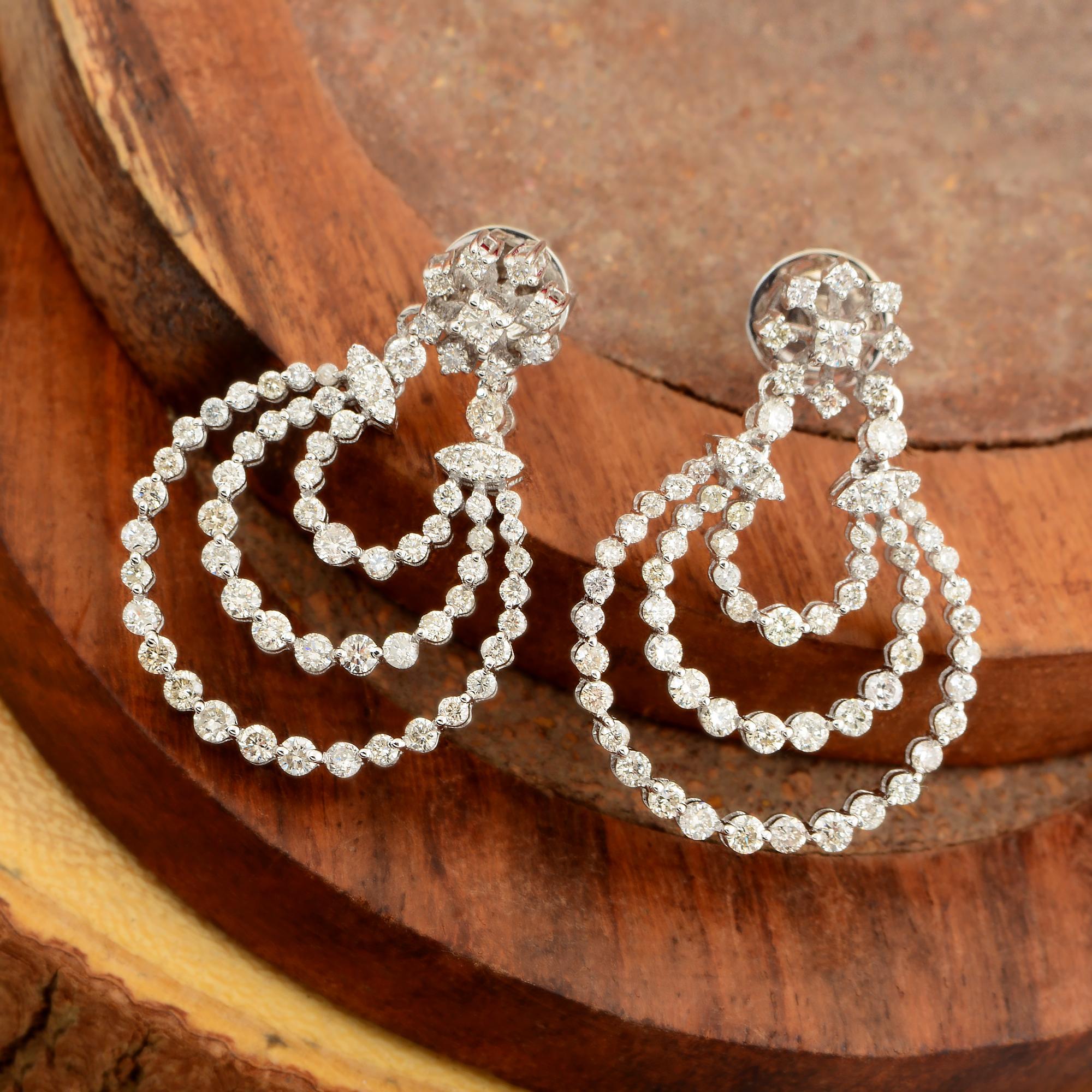 Modern 2.20 Carat SI Clarity HI Color Diamond Pave Dangle Earrings 18k White Gold For Sale