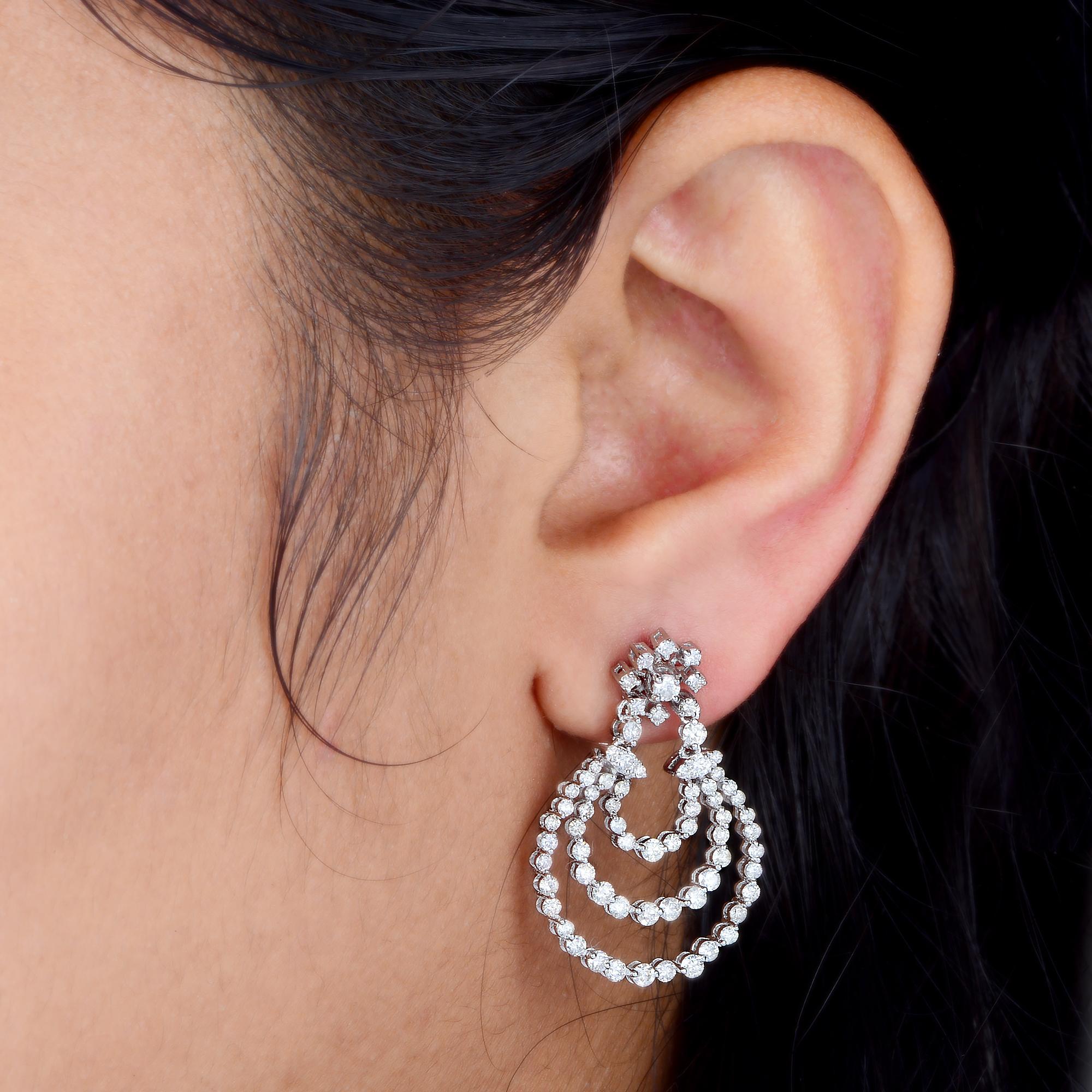 Round Cut 2.20 Carat SI Clarity HI Color Diamond Pave Dangle Earrings 18k White Gold For Sale