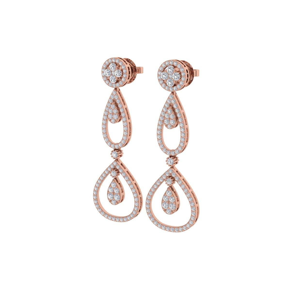 Round Cut 2.20 Carat SI/H Round Brilliant Cut Diamond Dangle Earrings 18 Karat Rose Gold For Sale
