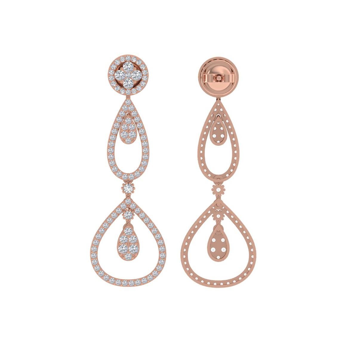 2.20 Carat SI/H Round Brilliant Cut Diamond Dangle Earrings 18 Karat Rose Gold In New Condition For Sale In Diera, Dubai
