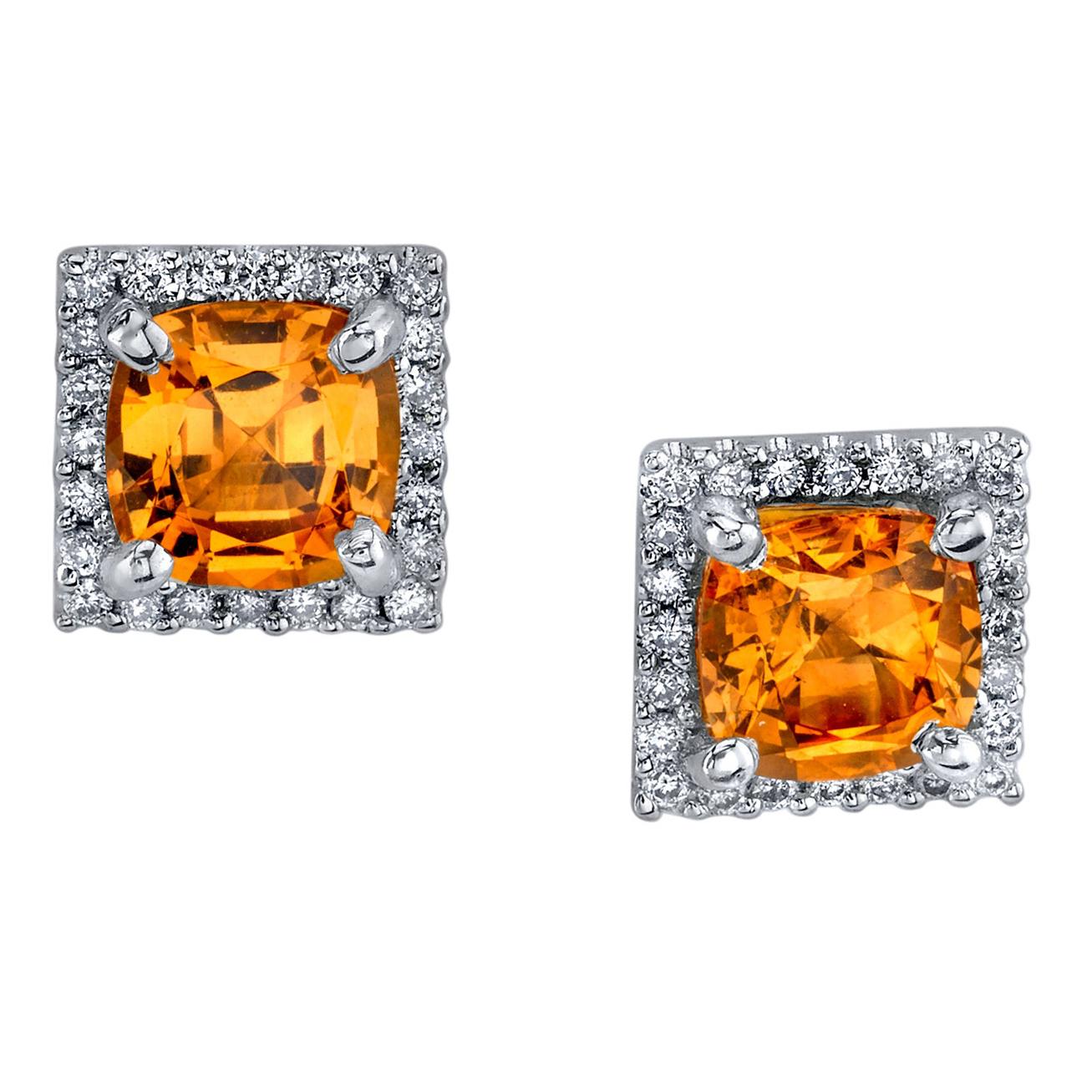 2.24 ct. t.w. Spessartine Garnet, Diamond 18k White Gold Square Stud Earrings