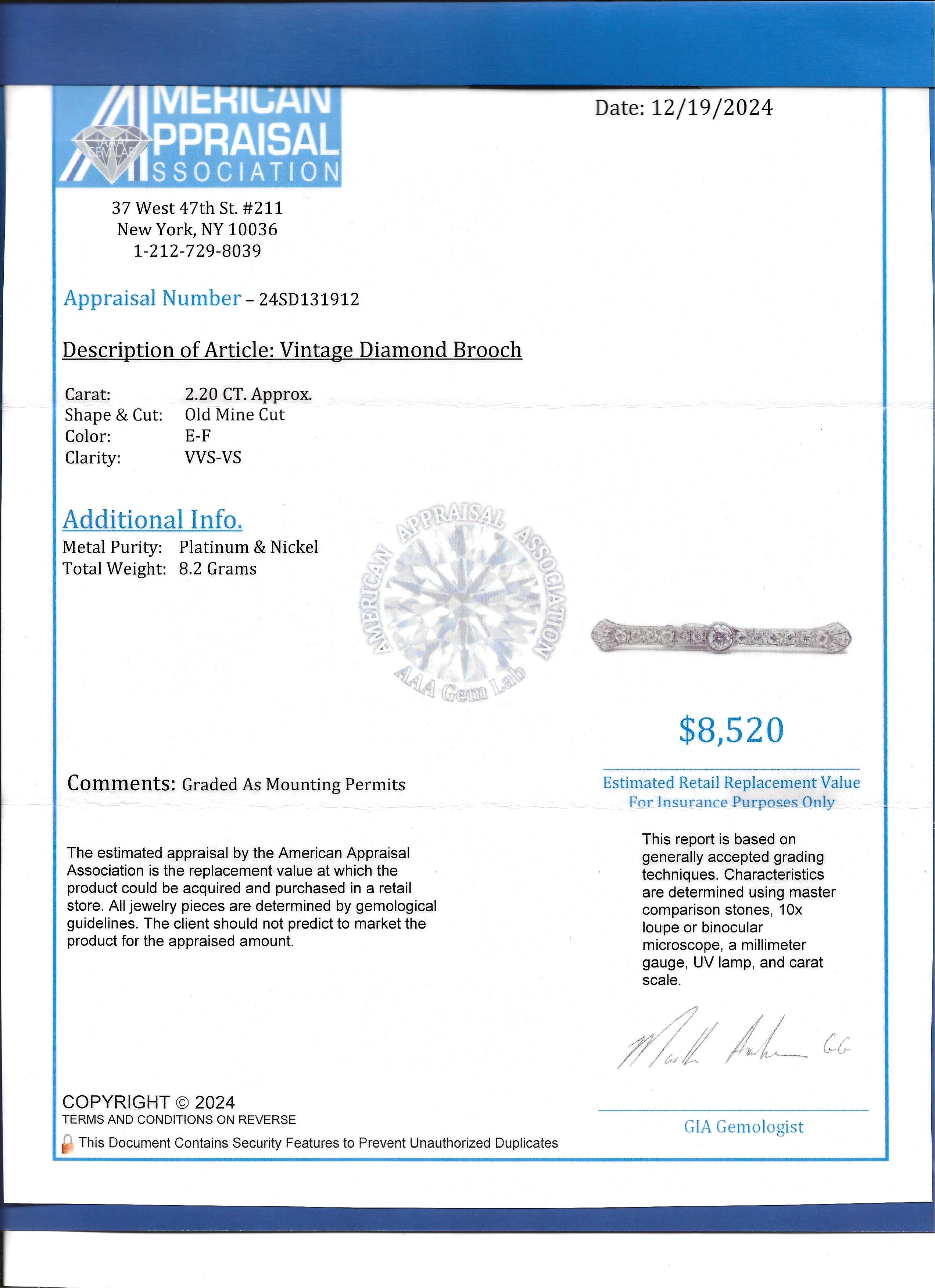 2,20 Karat insgesamt Vintage Barbrosche aus Platin mit Diamanten im alten Minenschliff, E-F / VVS im Angebot 4