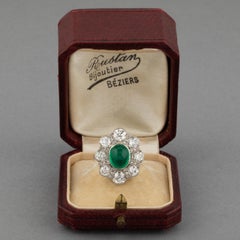 2.20 Carats Diamonds and 2 Carats Emerald French Antique Ring
