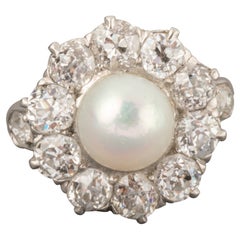 2.20 Carats Diamonds and Natural Pearl French Antique Ring