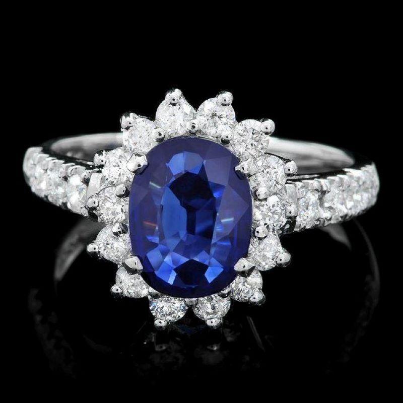 Mixed Cut 2.20 Carats Natural Blue Sapphire and Diamond 14K Solid White Gold Ring For Sale