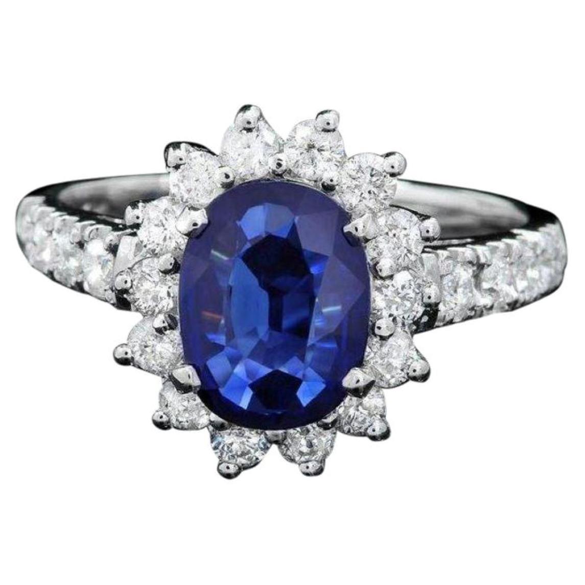14 Karat massiver Weißgold Ring mit 2,20 Karat natürlichem blauen Saphir und Diamant