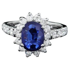 Bague en or blanc massif 14 carats avec saphir bleu naturel de 2,20 carats et diamants