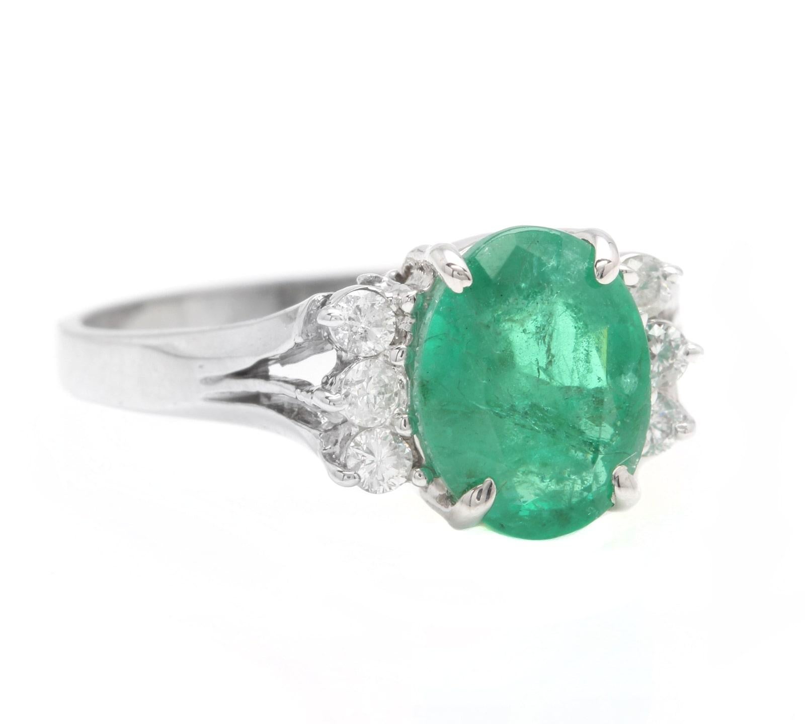 2.20 Carats Natural Emerald and Diamond 14K Solid White Gold Ring

Suggested Replacement Value: $4,500.00

Total Natural Green Emerald Weight is: Approx. 2.00 Carats (transparent) 

Emerald Measures: Approx. 9.00 x 7.00mm

Natural Round Diamonds