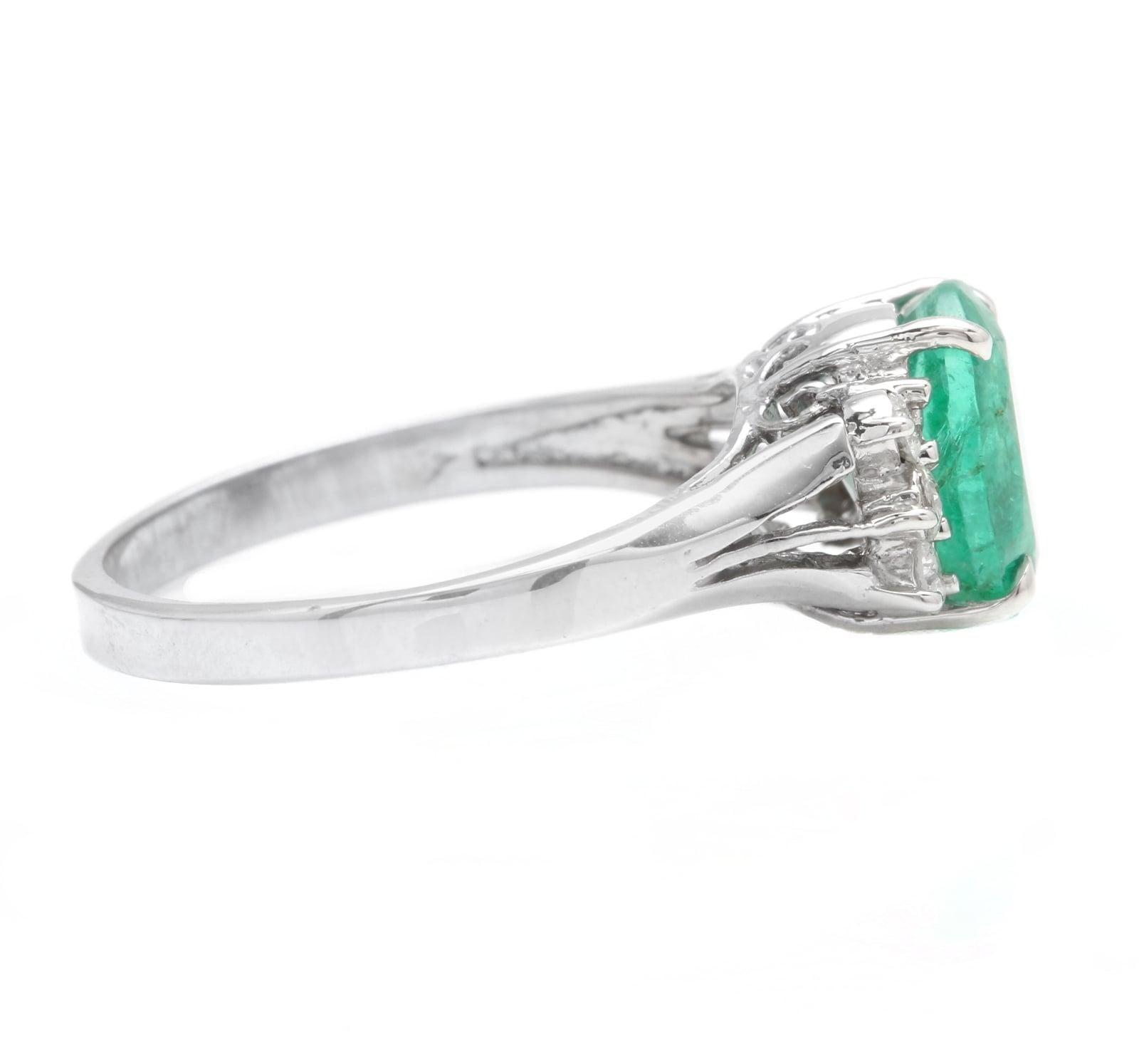 Emerald Cut 2.20 Carats Natural Emerald and Diamond 14K Solid White Gold Ring For Sale