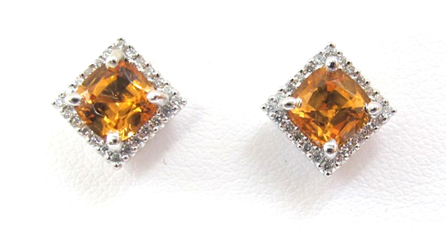 Princess Cut 2.24 ct. t.w. Spessartine Garnet, Diamond 18k White Gold Square Stud Earrings